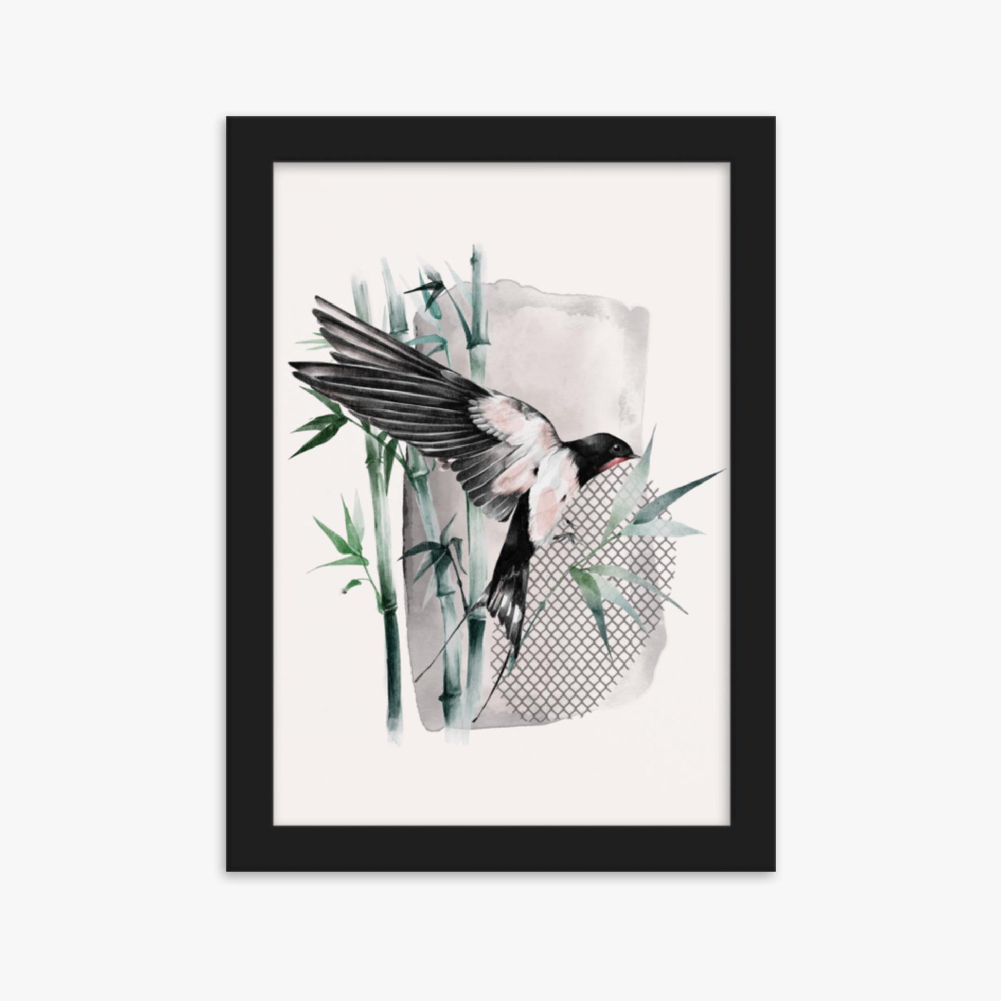 Modern illustration: Bird on Bamboo 21x30 cm Poster With Black Frame Frame