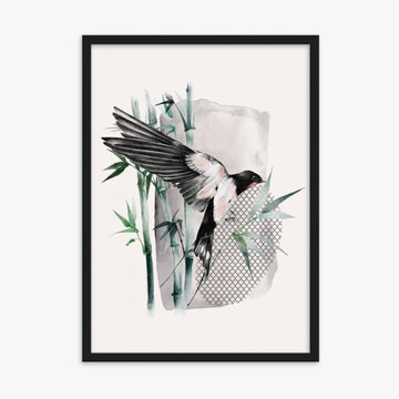 Modern illustration: Bird on Bamboo 50x70 cm Poster With Black Frame Frame