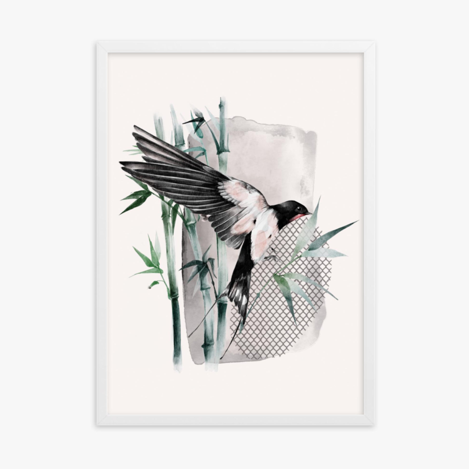 Modern illustration: Bird on Bamboo 50x70 cm Poster With White Frame Frame