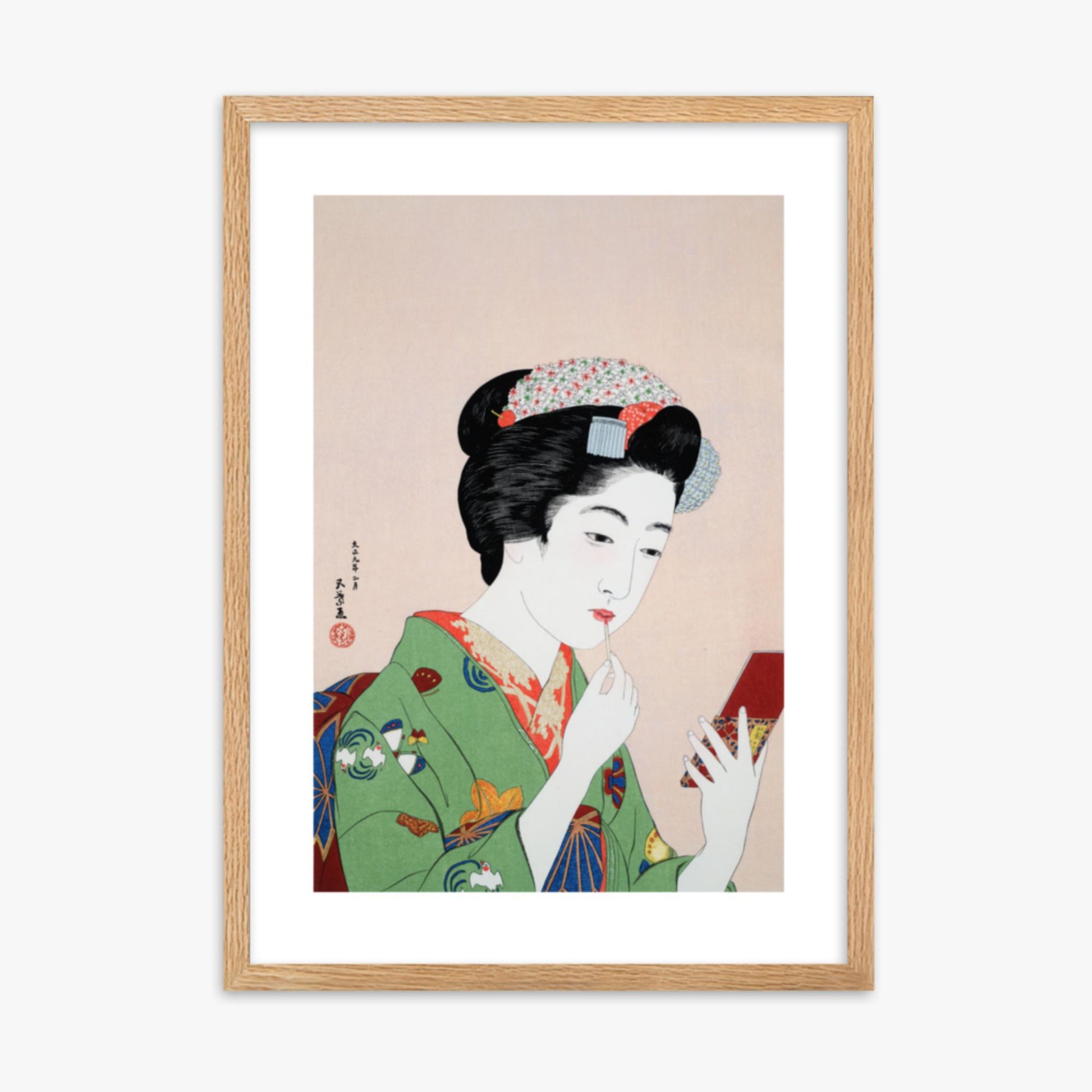 Goyō Hashiguchi - Woman Applying Rouge 50x70 cm Poster With Oak Frame