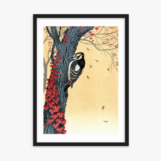 Ohara Koson - Great Spotted Woodpecker in Tree with Red Ivy 50x70 cm Poster With Black Frame