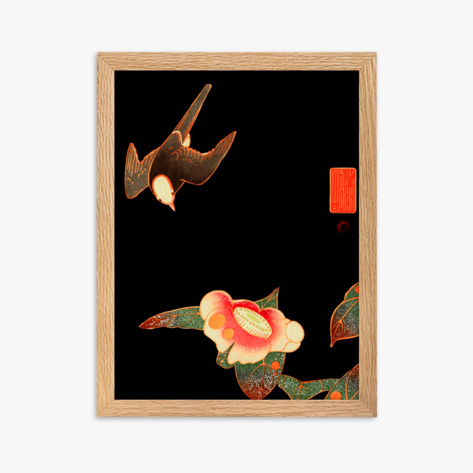 Ito Jakuchu - Swallow and Camellia 30x40 cm Poster With Oak Frame