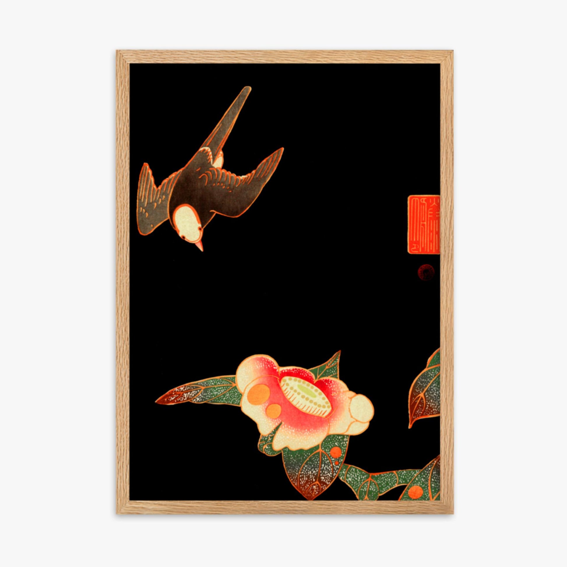 Ito Jakuchu - Swallow and Camellia 50x70 cm Poster With Oak Frame