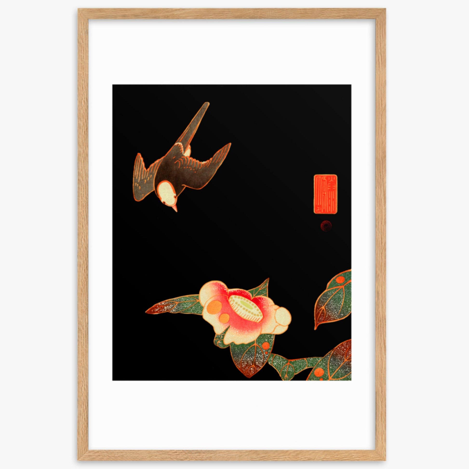 Ito Jakuchu - Swallow and Camellia 61x91 cm Poster With Oak Frame