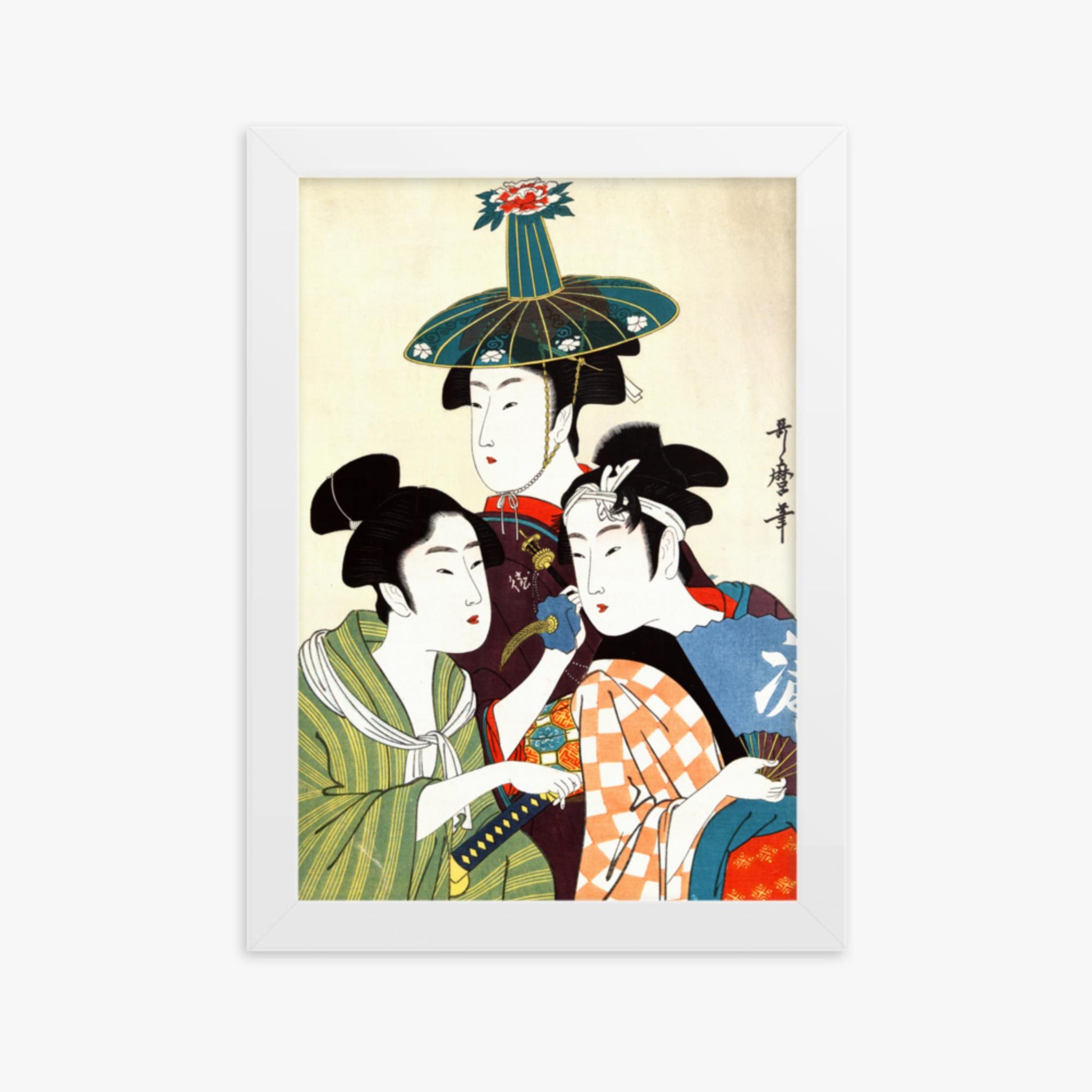 Utamaro Kitagawa - Three Young Men or Women  21x30 cm Poster With White Frame