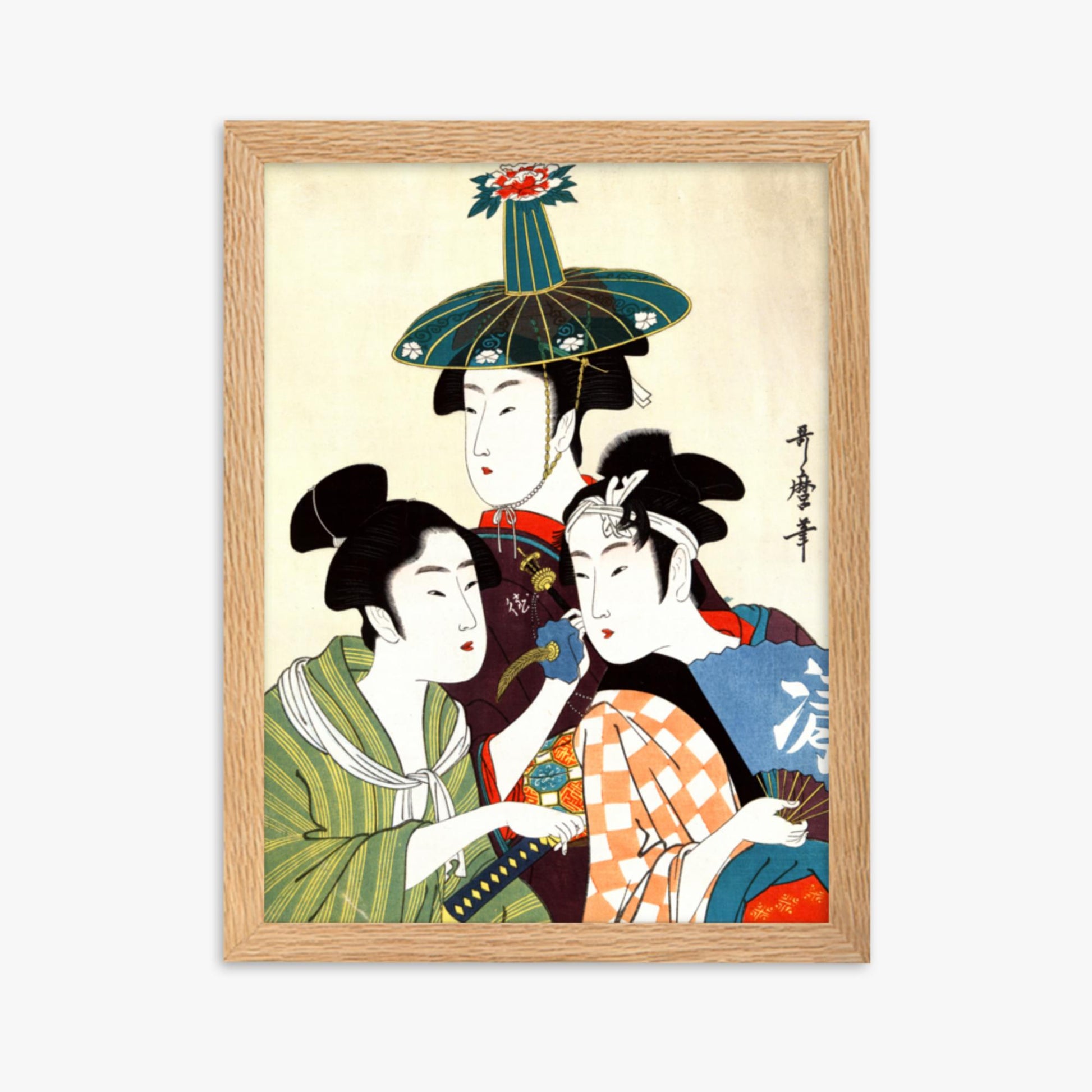 Utamaro Kitagawa - Three Young Men or Women  30x40 cm Poster With Oak Frame