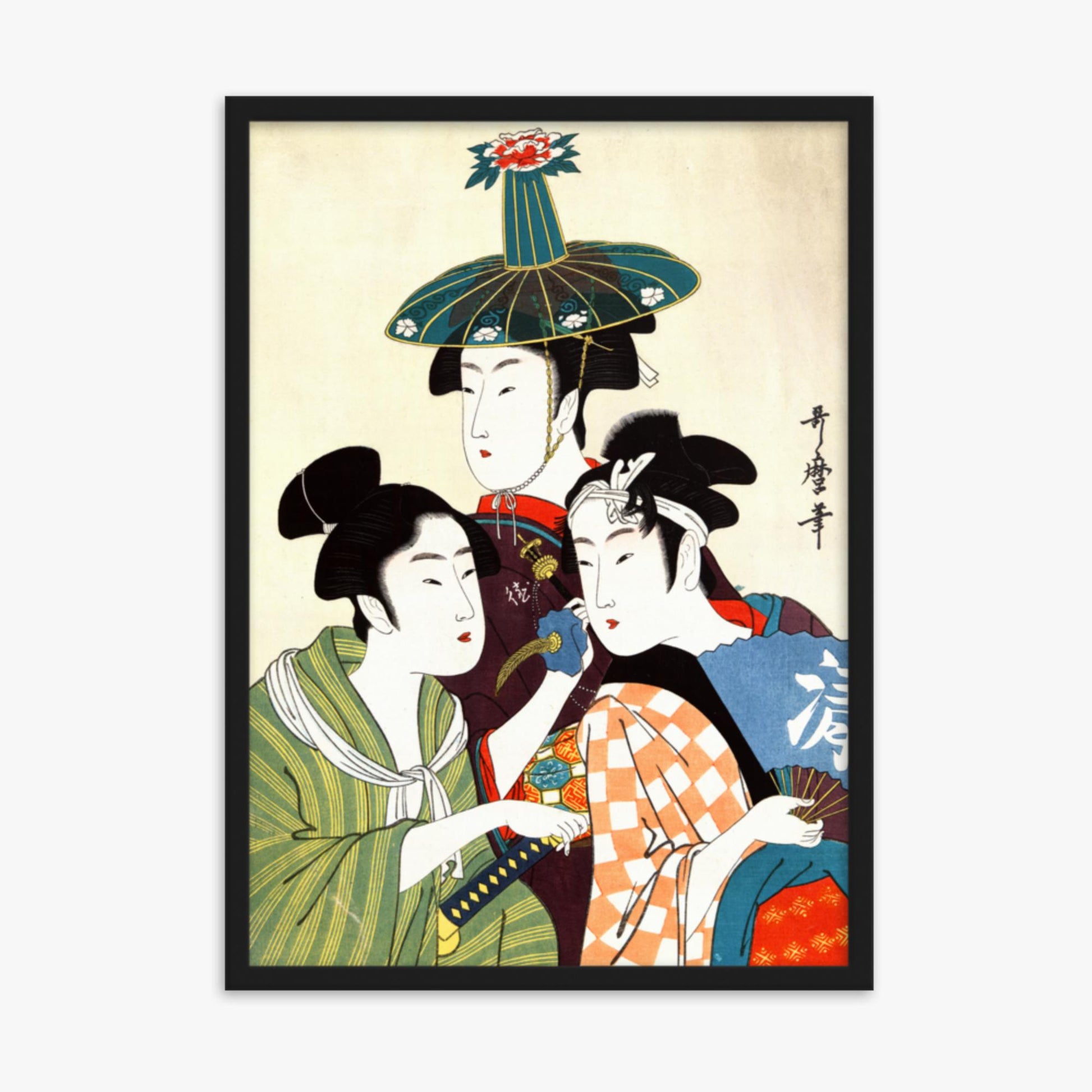 Utamaro Kitagawa - Three Young Men or Women  50x70 cm Poster With Black Frame