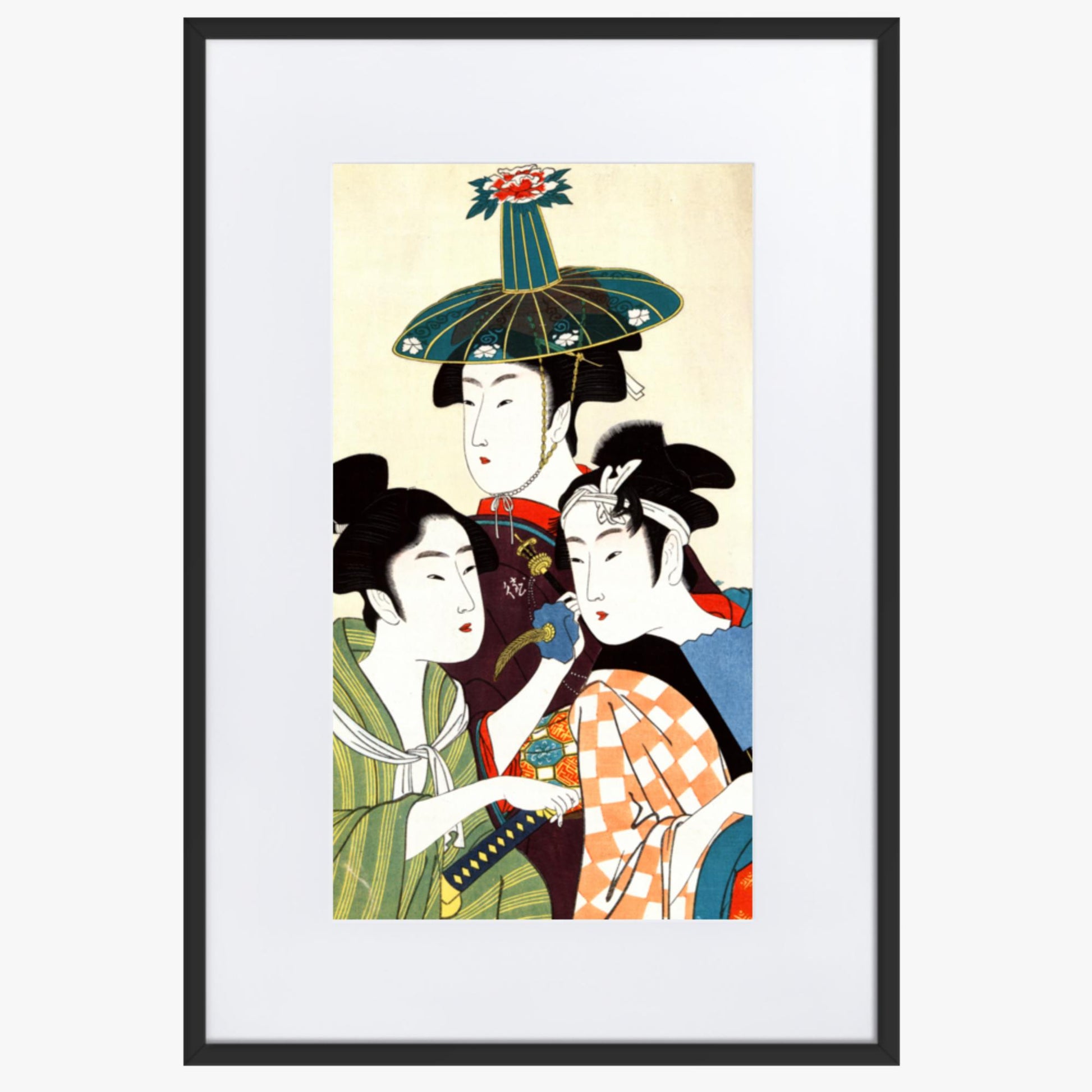 Utamaro Kitagawa - Three Young Men or Women  61x91 cm Poster With Black Frame