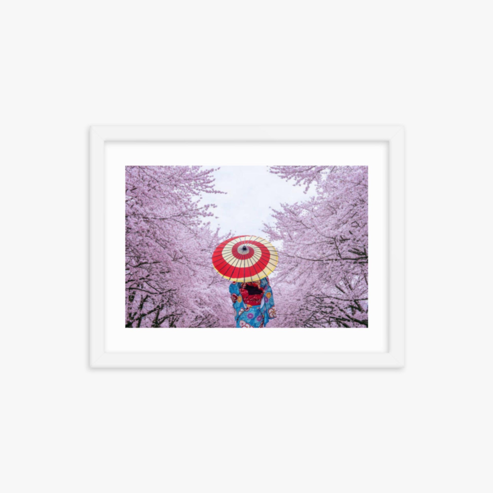 Asian woman wearing japanese traditional kimono and cherry blossom in spring 12x16 in Poster With White Frame