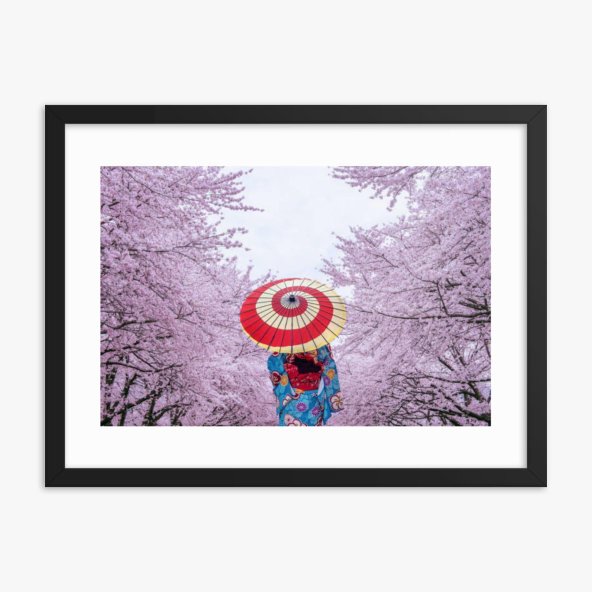 Asian woman wearing japanese traditional kimono and cherry blossom in spring 18x24 in Poster With Black Frame