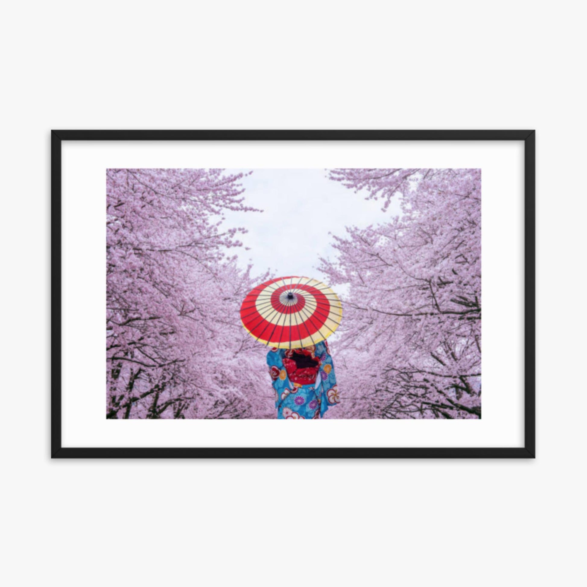 Asian woman wearing japanese traditional kimono and cherry blossom in spring 24x36 in Poster With Black Frame