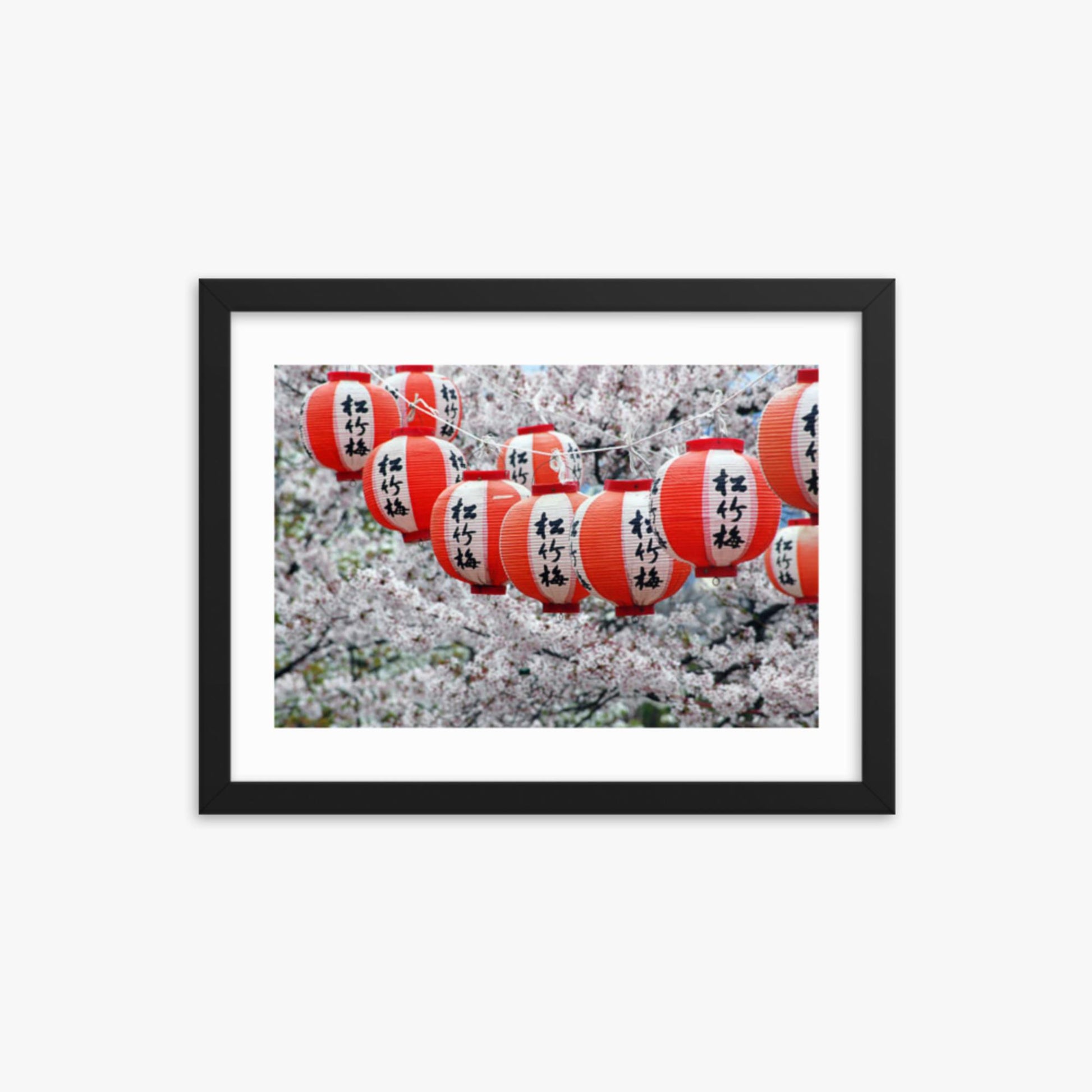 Japanese Lanterns and Cherry Blossom, Kyoto, Japan 12x16 in Poster With Black Frame