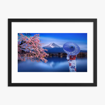 Asian woman wearing japanese traditional kimono at Fuji Mountain and cherry blossom, Kawaguchiko Lake in Japan 18x24 in Poster With Black Frame