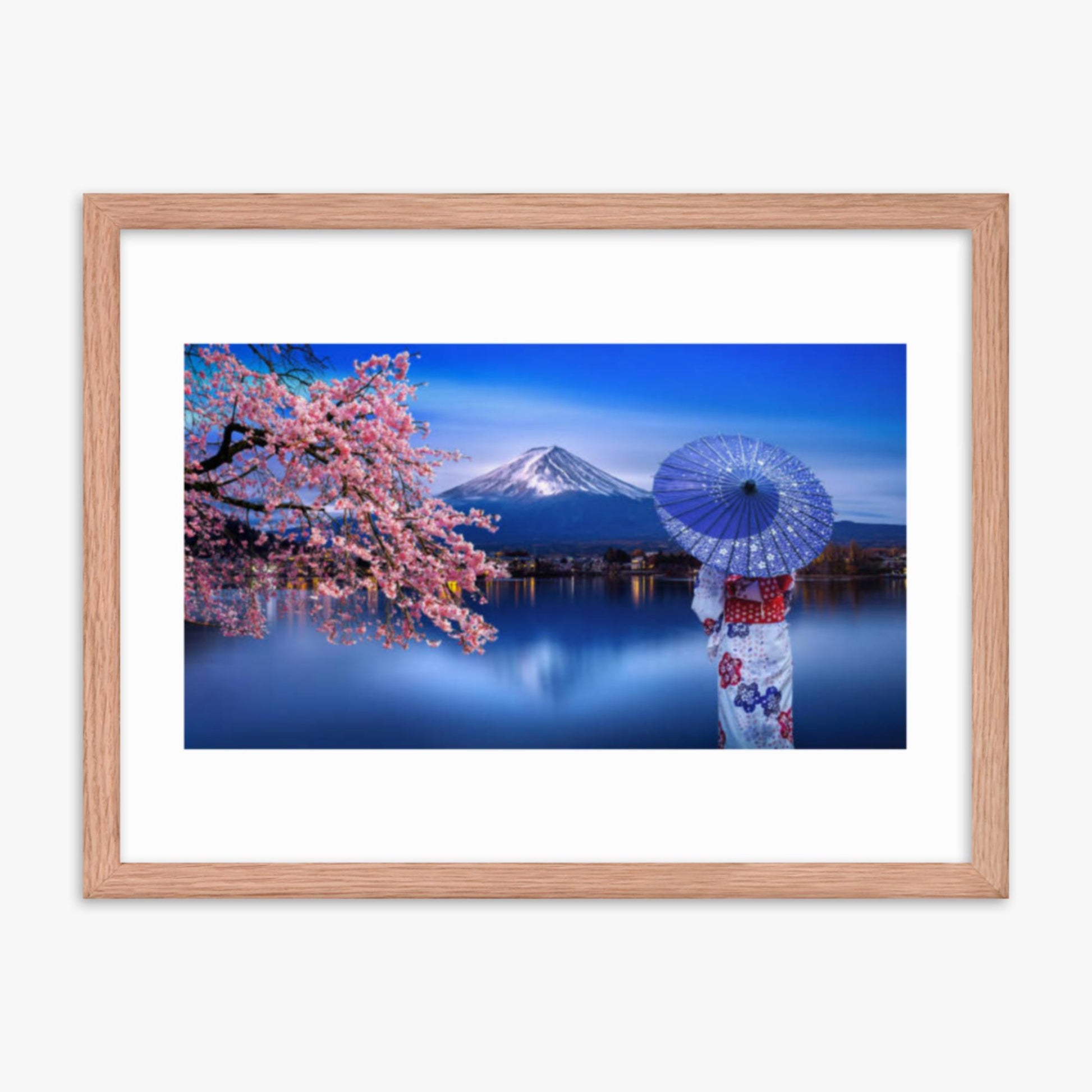 Asian woman wearing japanese traditional kimono at Fuji Mountain and cherry blossom, Kawaguchiko Lake in Japan 18x24 in Poster With Oak Frame