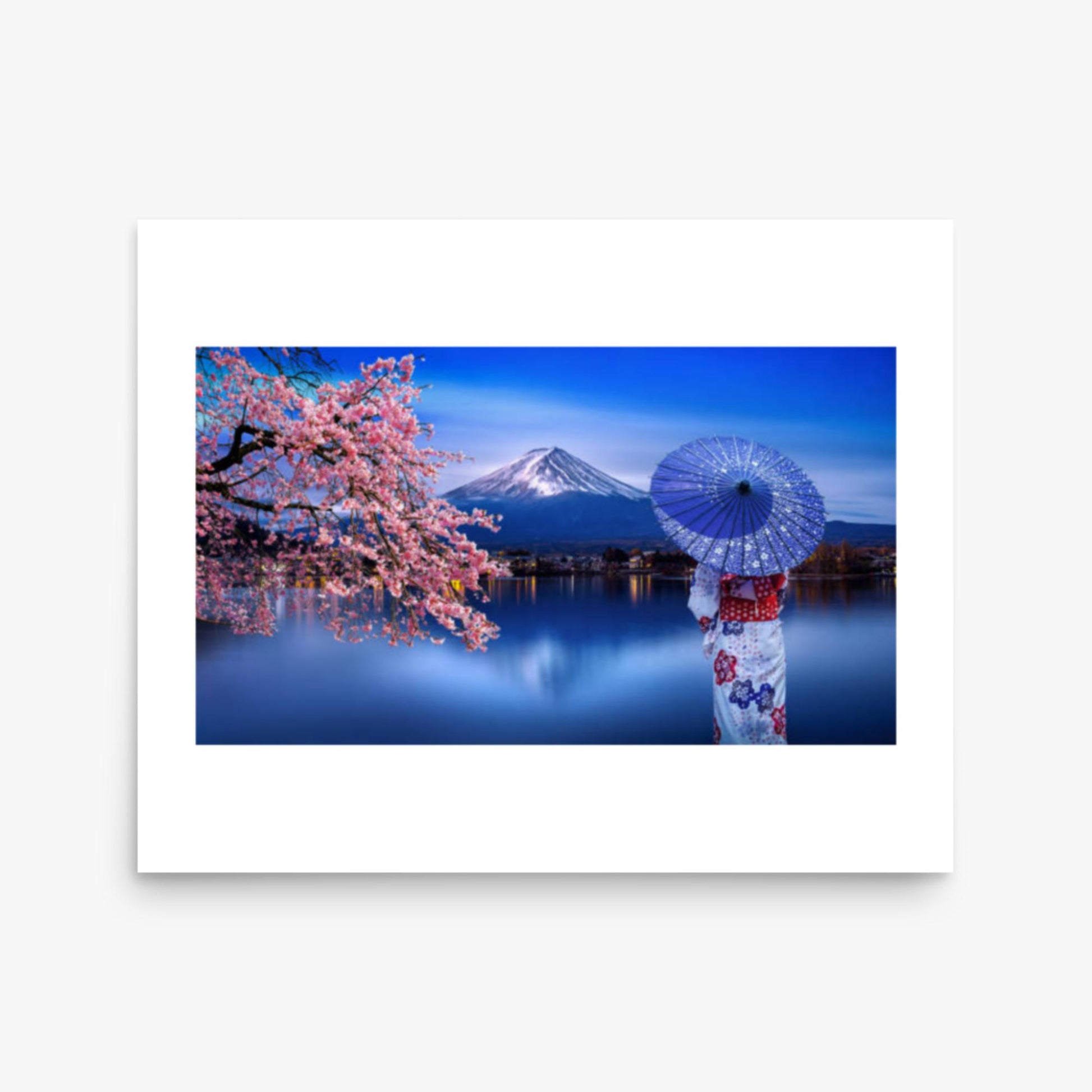 Asian woman wearing japanese traditional kimono at Fuji Mountain and cherry blossom, Kawaguchiko Lake in Japan 16x20 in Poster