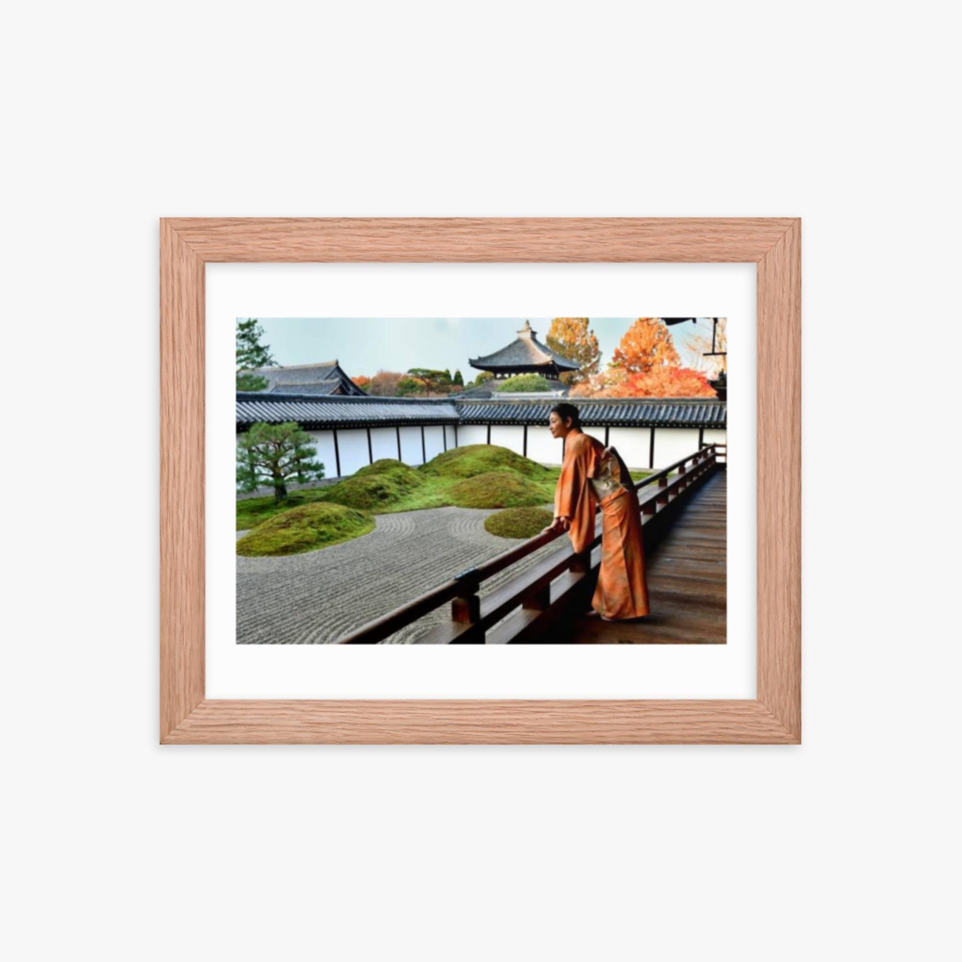 Japanese Woman in Kimono Appreciating Japanese Garden at Tofukuji, Kyoto 8x10 in Poster With Oak Frame