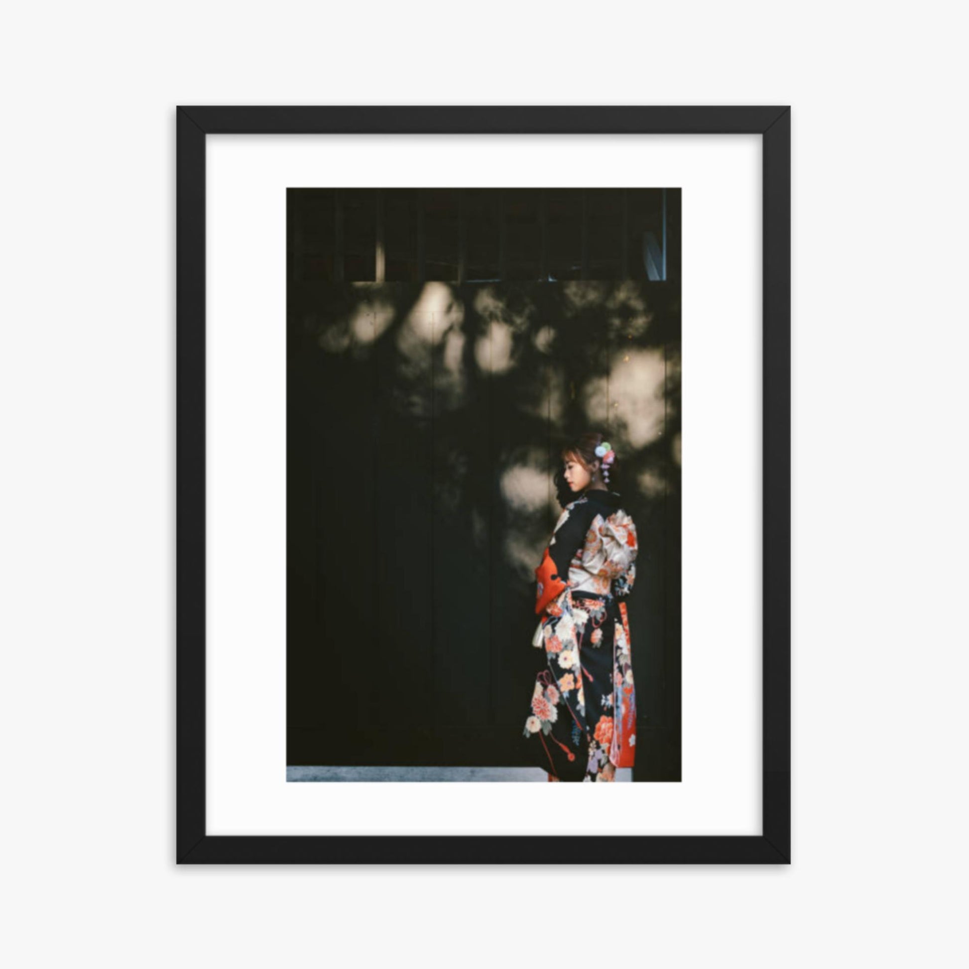 Portrait of beautiful woman in traditional Kimono walking in the street in Kyoto, Japan 16x20 in Poster With Black Frame