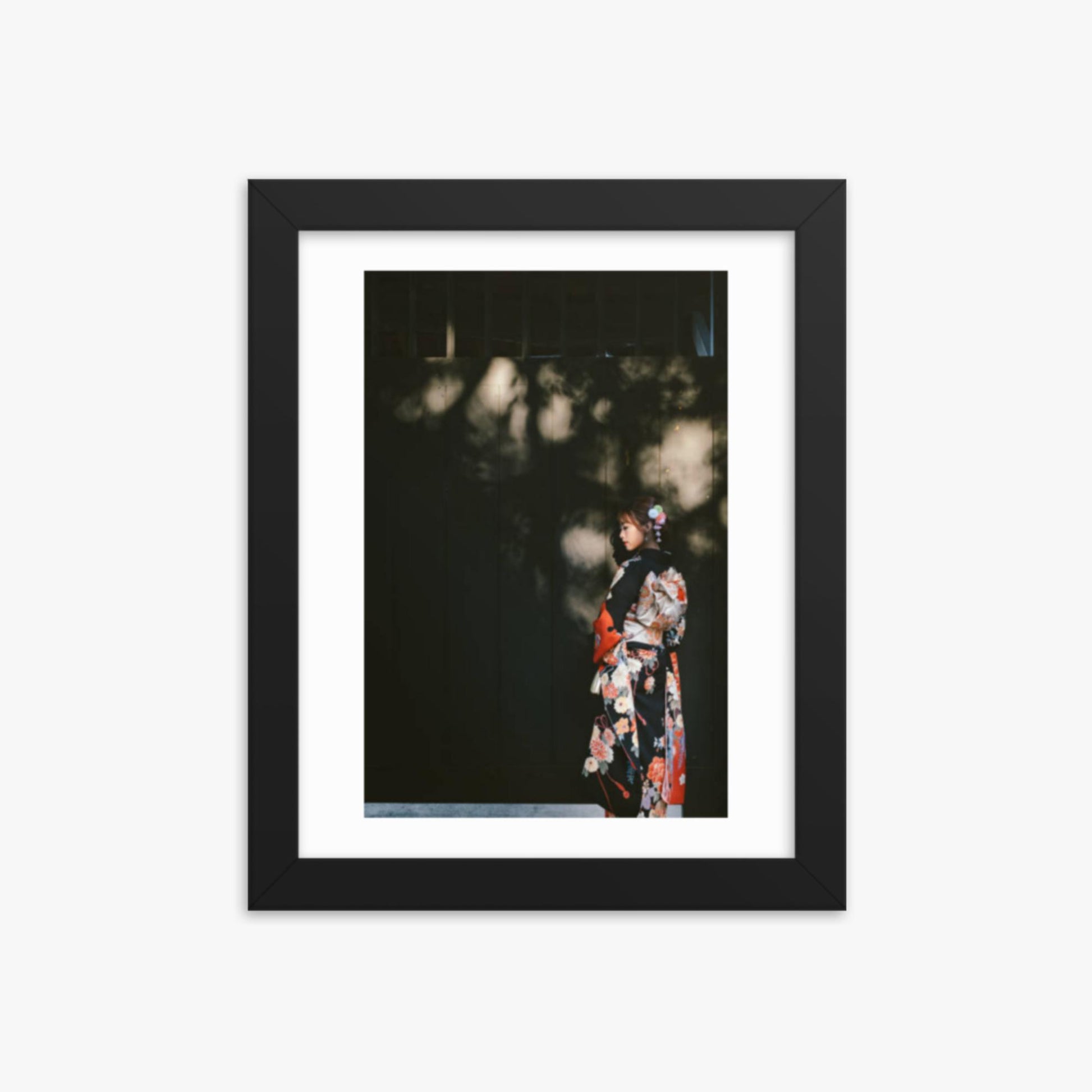 Portrait of beautiful woman in traditional Kimono walking in the street in Kyoto, Japan 8x10 in Poster With Black Frame