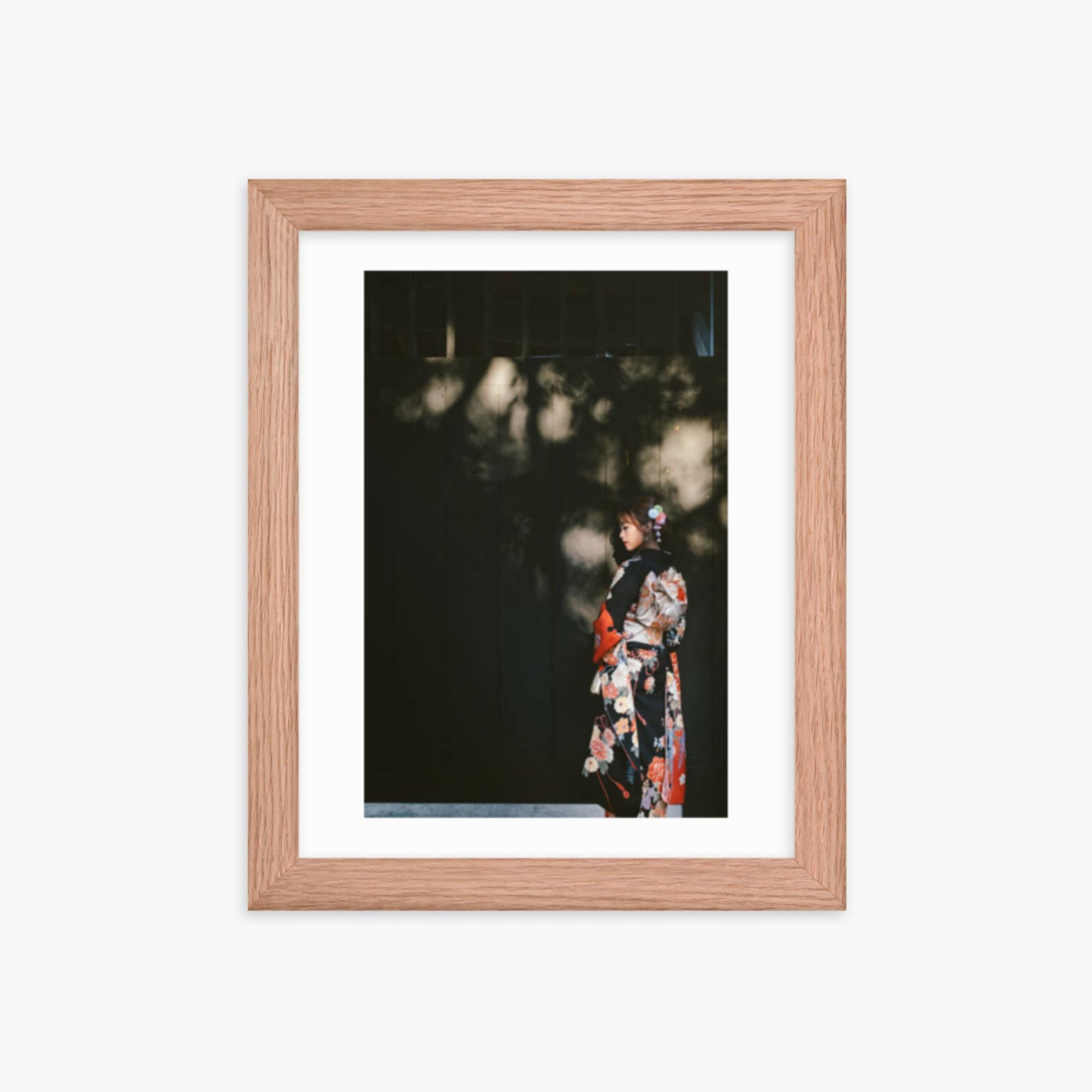 Portrait of beautiful woman in traditional Kimono walking in the street in Kyoto, Japan 8x10 in Poster With Oak Frame