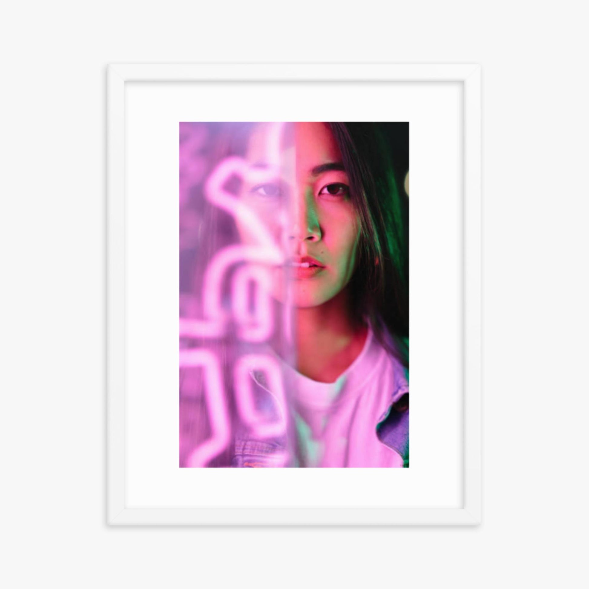 Portrait of young woman lit by pink neon light 16x20 in Poster With White Frame