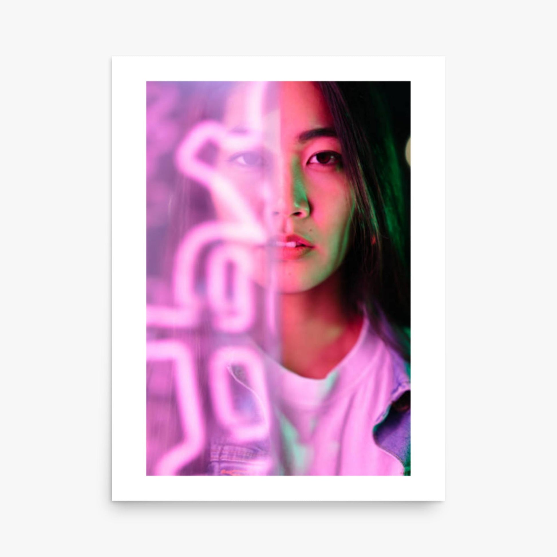 Portrait of young woman lit by pink neon light 18x24 in Poster