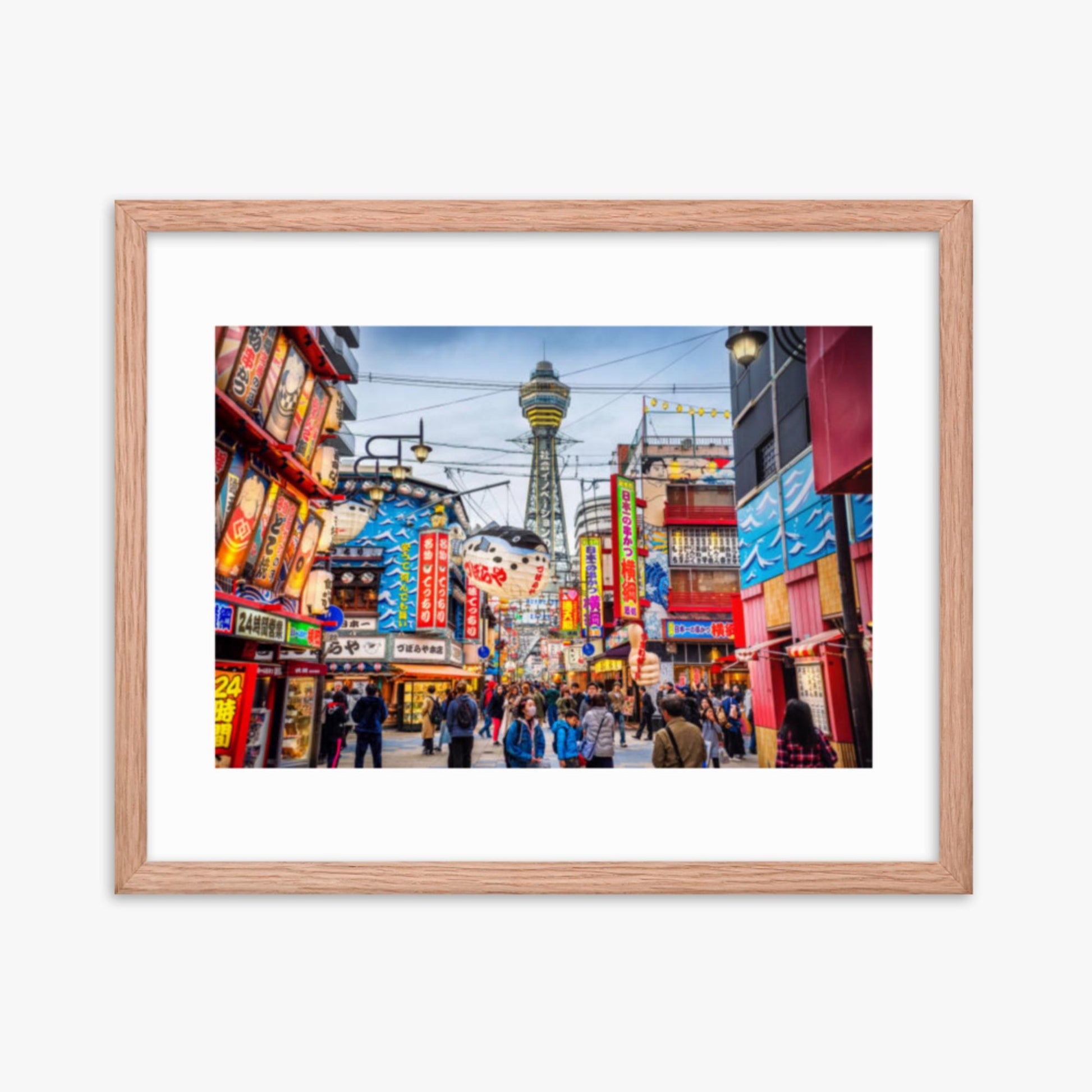 Osaka Tower and view of the neon advertisements in Shinsekai district at dusk 16x20 in Poster With Oak Frame