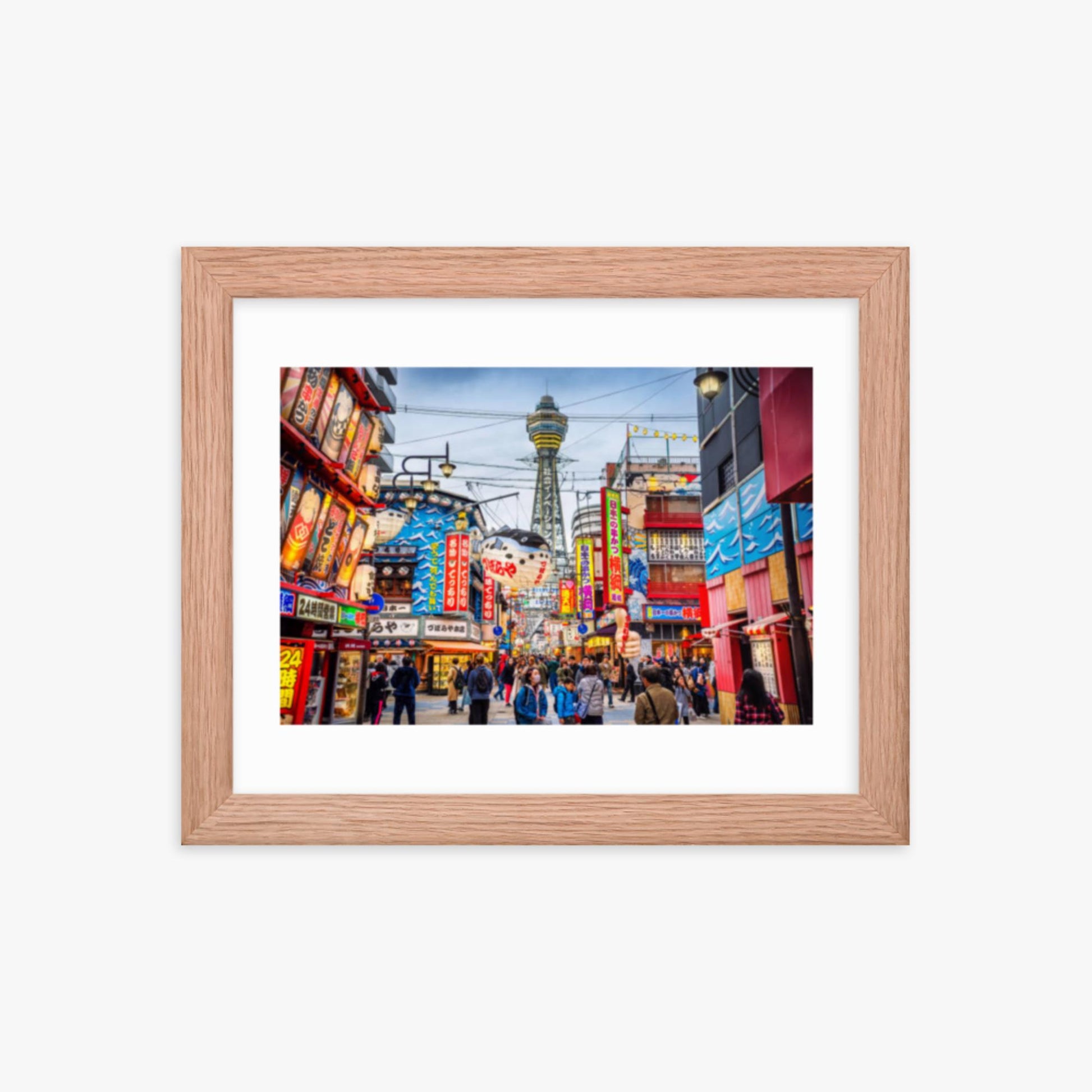 Osaka Tower and view of the neon advertisements in Shinsekai district at dusk 8x10 in Poster With Oak Frame