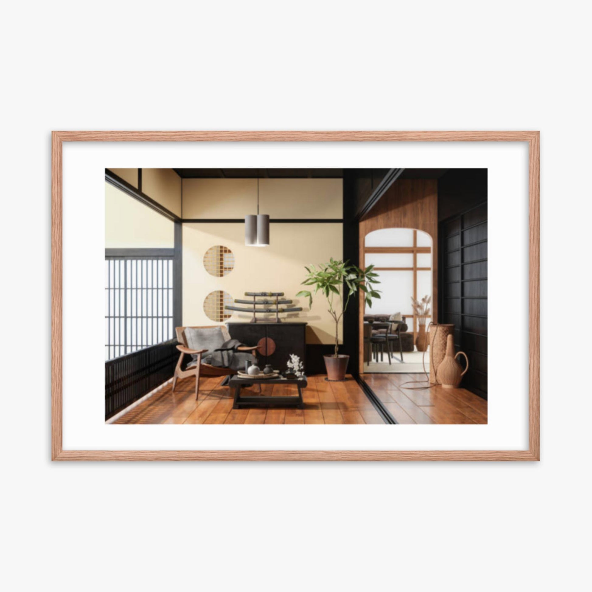 Japanese Style Living Room Interior 24x36 in Poster With Oak Frame