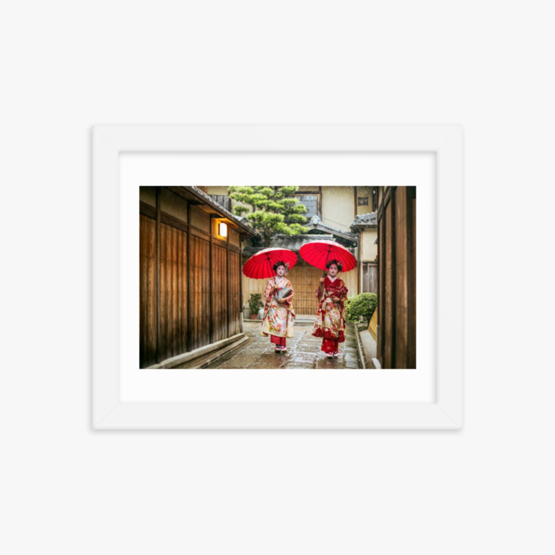 Geishas holding red umbrellas during rainy season 8x10 in Poster With White Frame