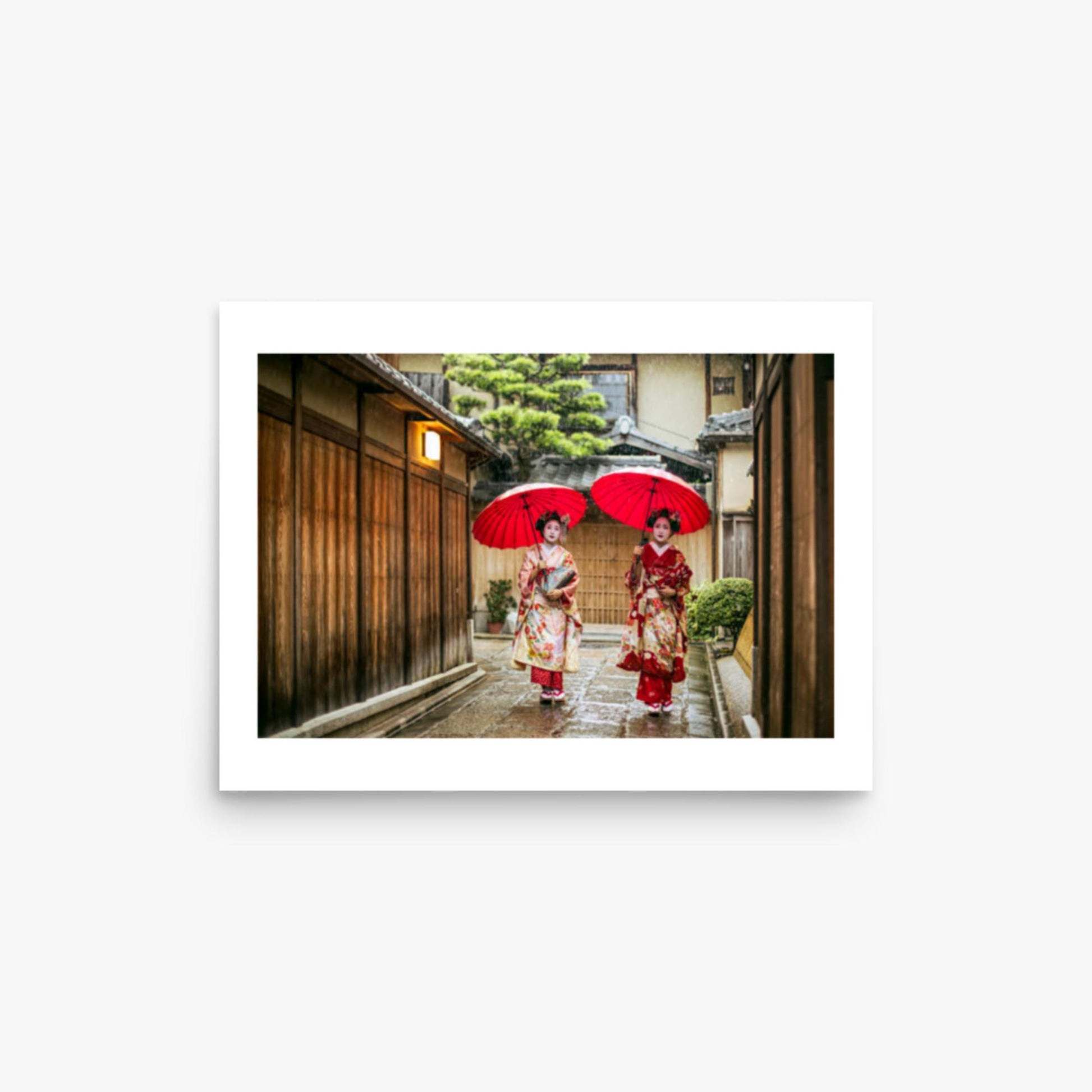 Geishas holding red umbrellas during rainy season 12x16 in Poster