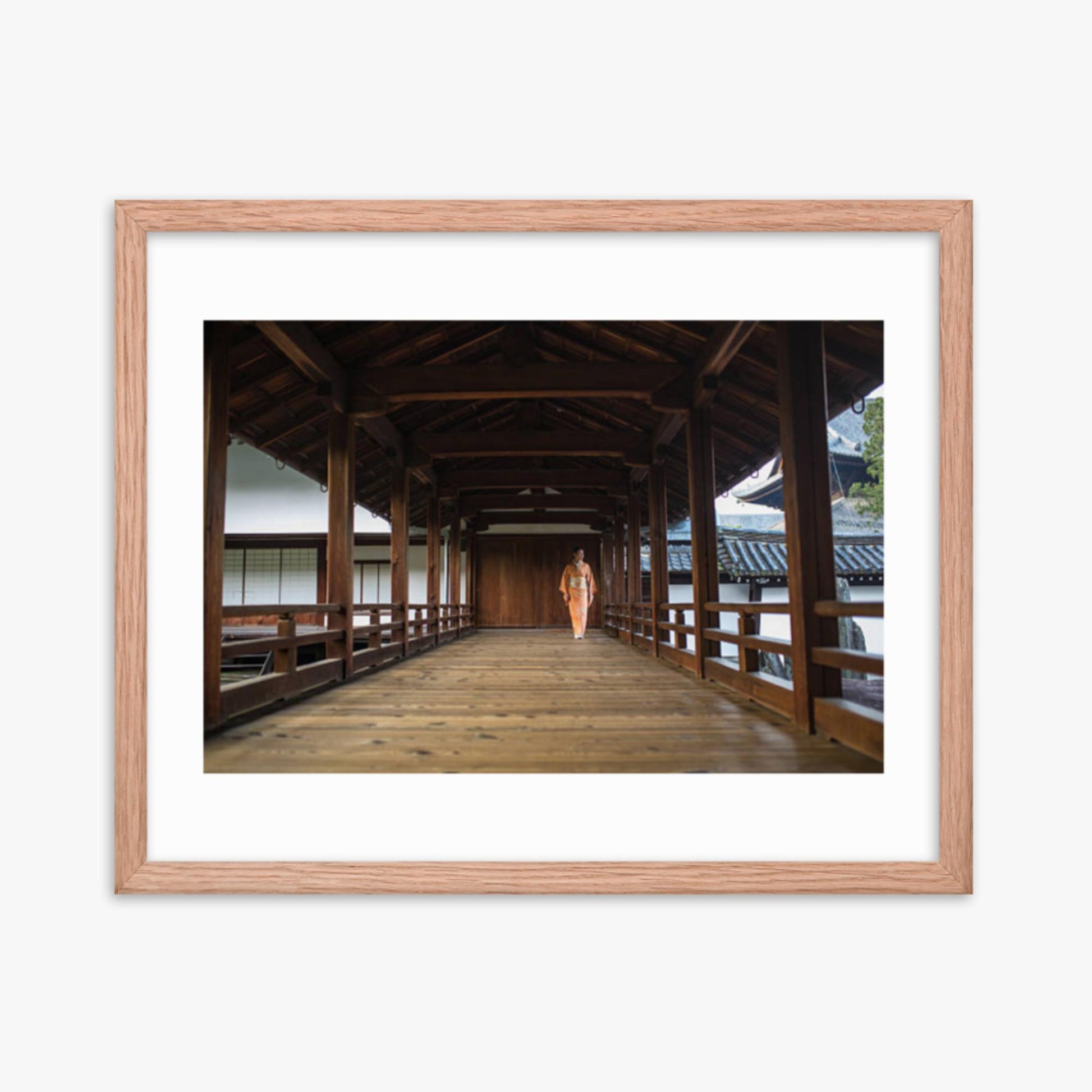 Woman in a kimono walking through a temple corridor 16x20 in Poster With Oak Frame