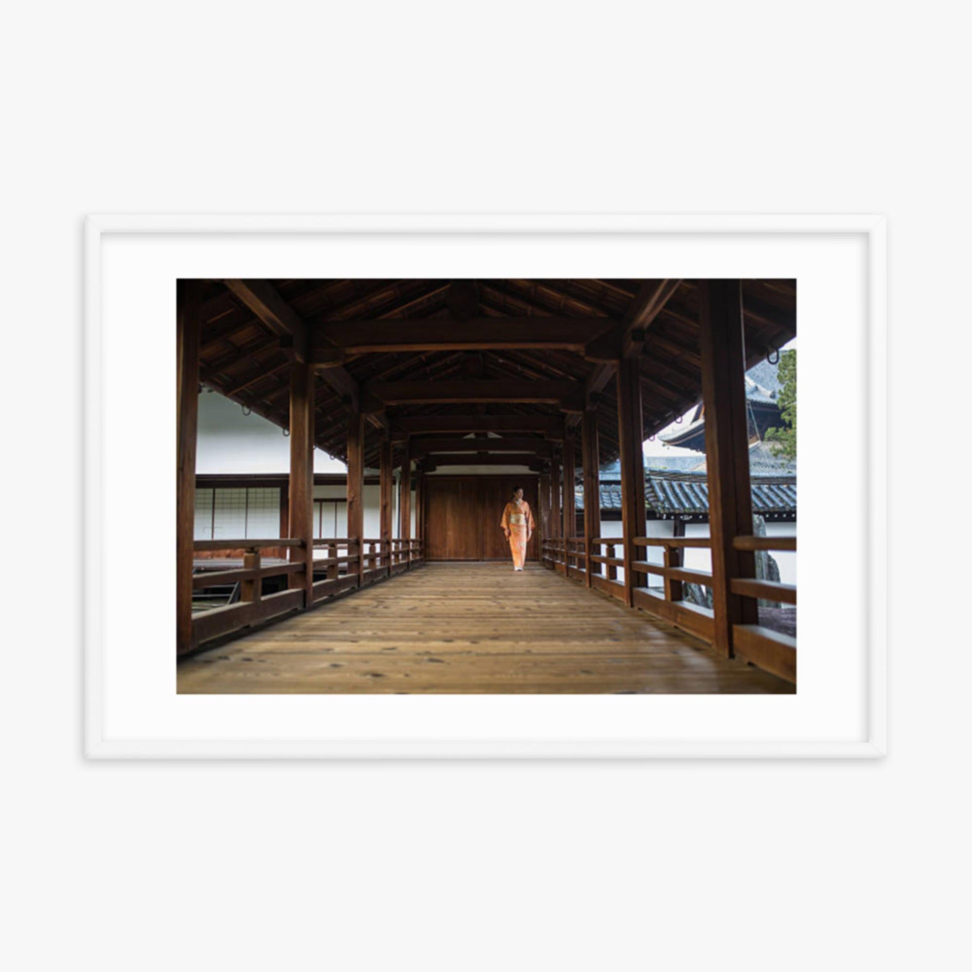 Woman in a kimono walking through a temple corridor 24x36 in Poster With White Frame