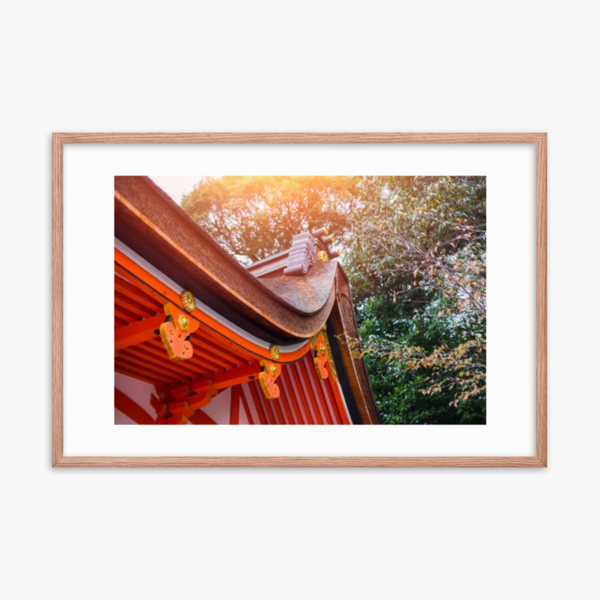 Japan style shrine red rood temple closeup 24x36 in Poster With Oak Frame