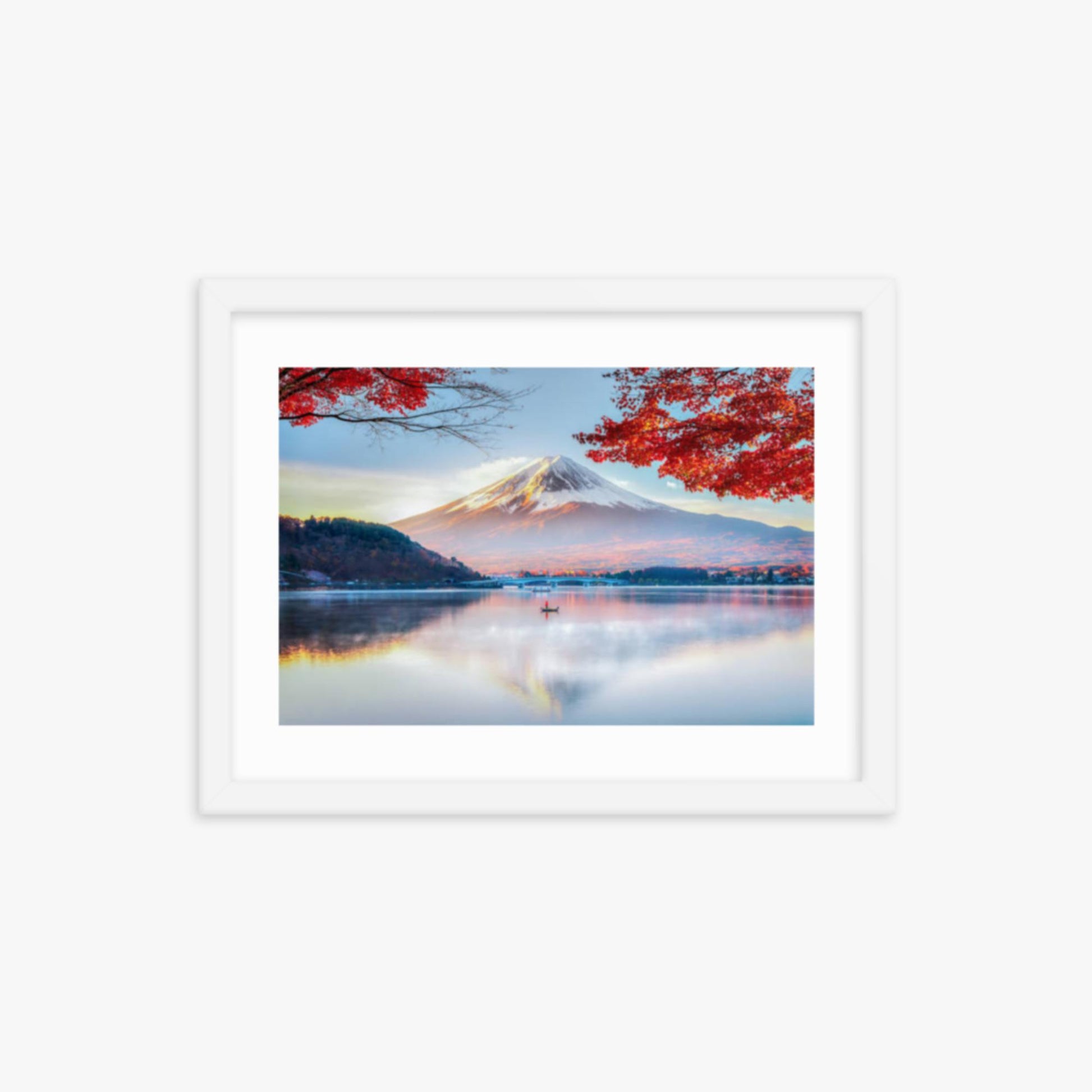 Fuji Mountain , Red Maple Tree and Fisherman Boat with Morning Mist in Autumn, Kawaguchiko Lake, Japan 12x16 in Poster With White Frame