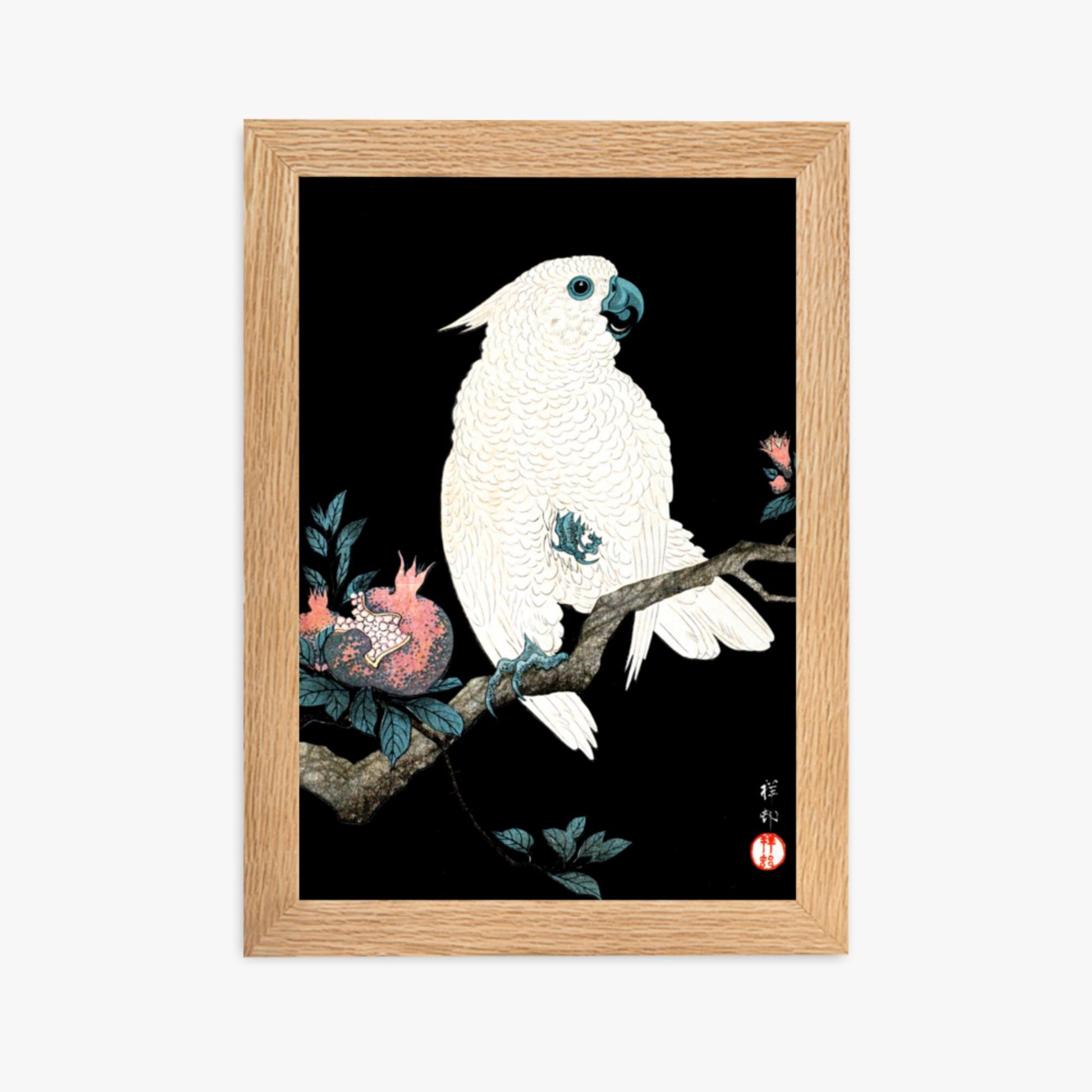 Ohara Koson - Cockatoo with Pomegranate 21x30 cm Poster With Oak Frame