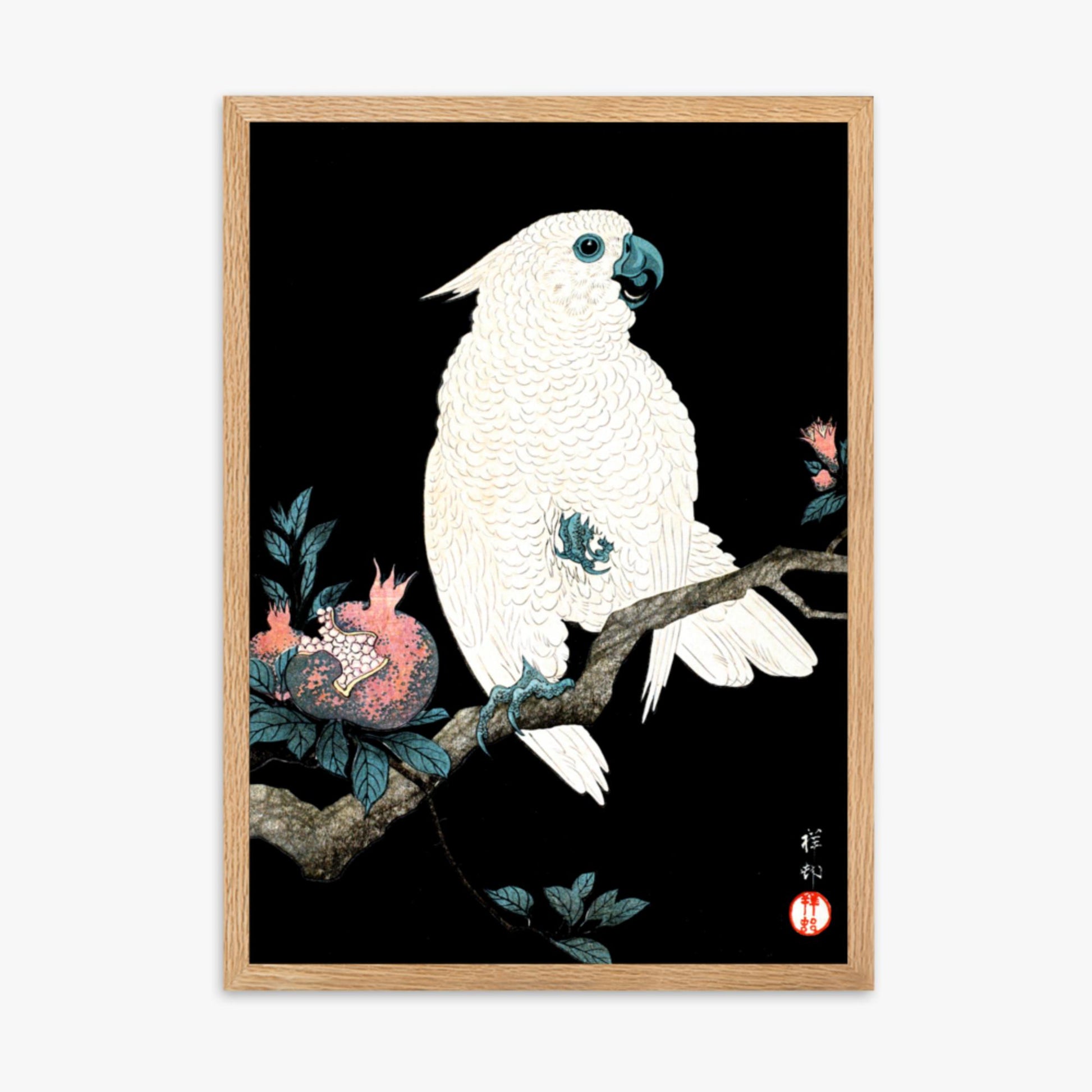 Ohara Koson - Cockatoo with Pomegranate 50x70 cm Poster With Oak Frame