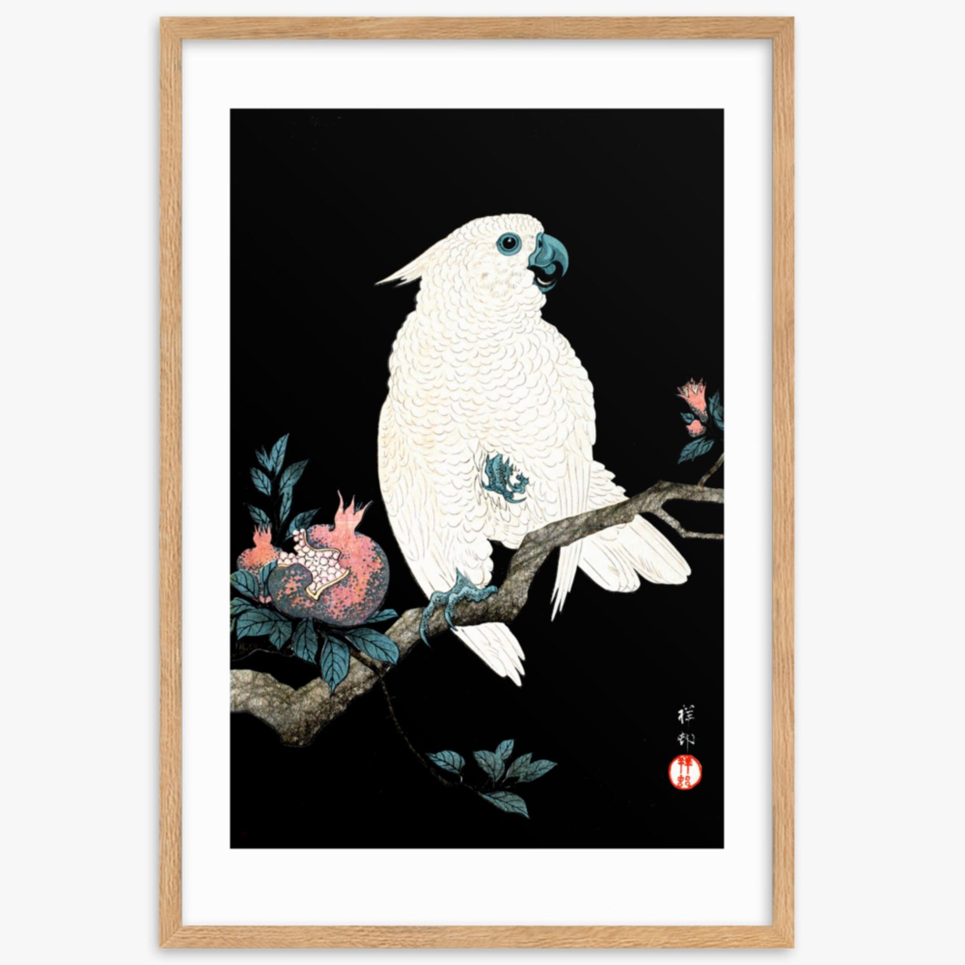 Ohara Koson - Cockatoo with Pomegranate 61x91 cm Poster With Oak Frame