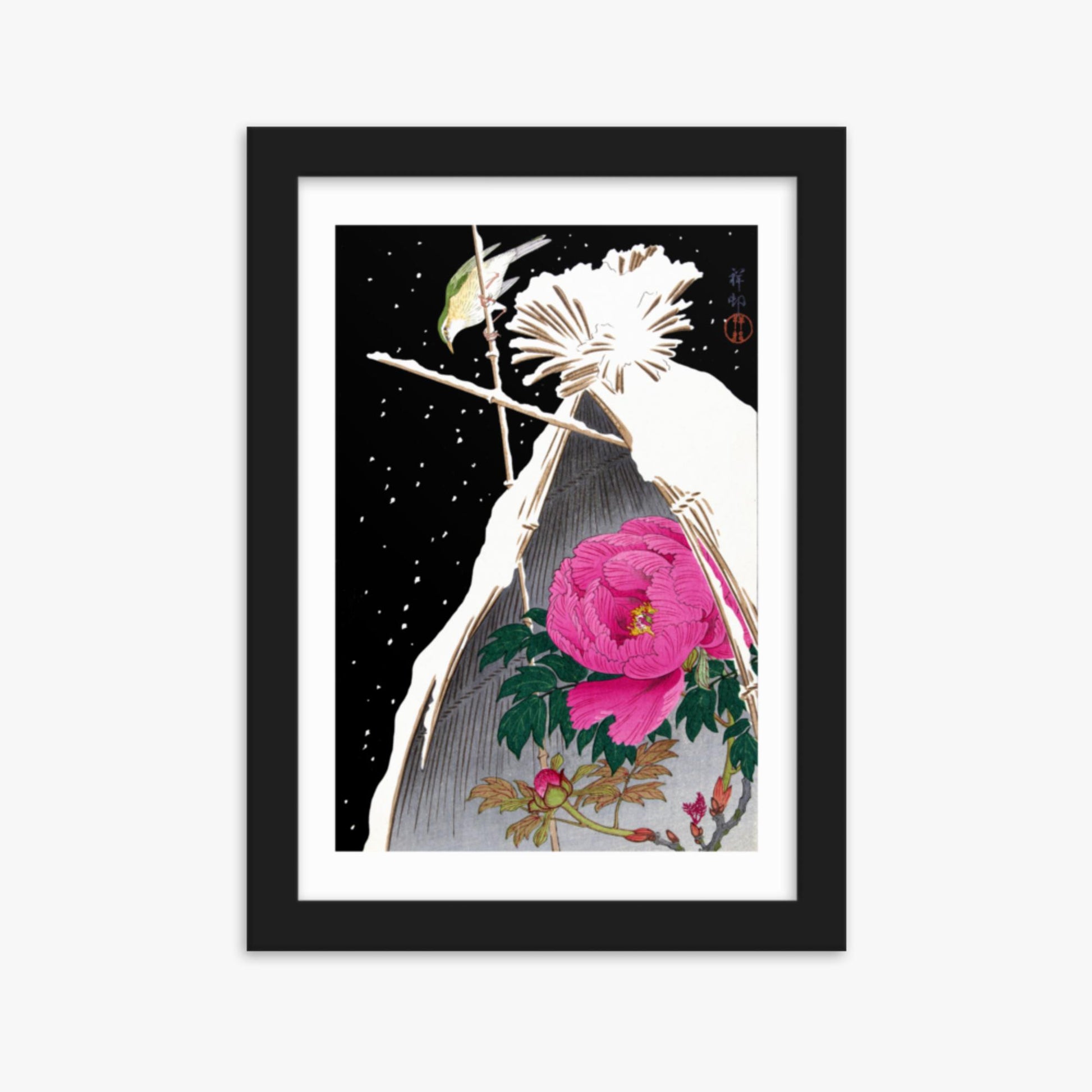 Ohara Koson - Siberian Bluechat Next to a Peony 21x30 cm Poster With Black Frame