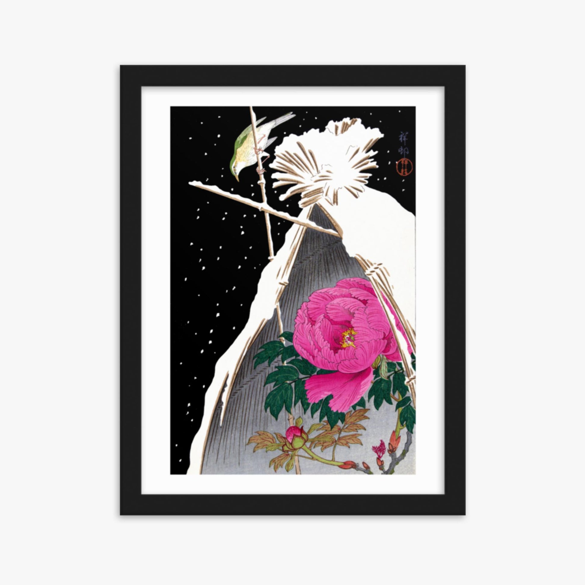 Ohara Koson - Siberian Bluechat Next to a Peony 30x40 cm Poster With Black Frame