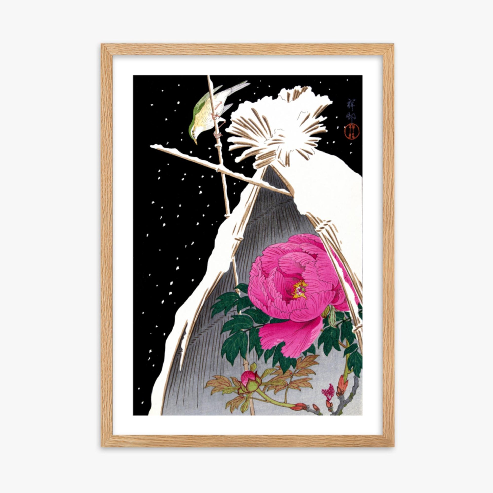 Ohara Koson - Siberian Bluechat Next to a Peony 50x70 cm Poster With Oak Frame