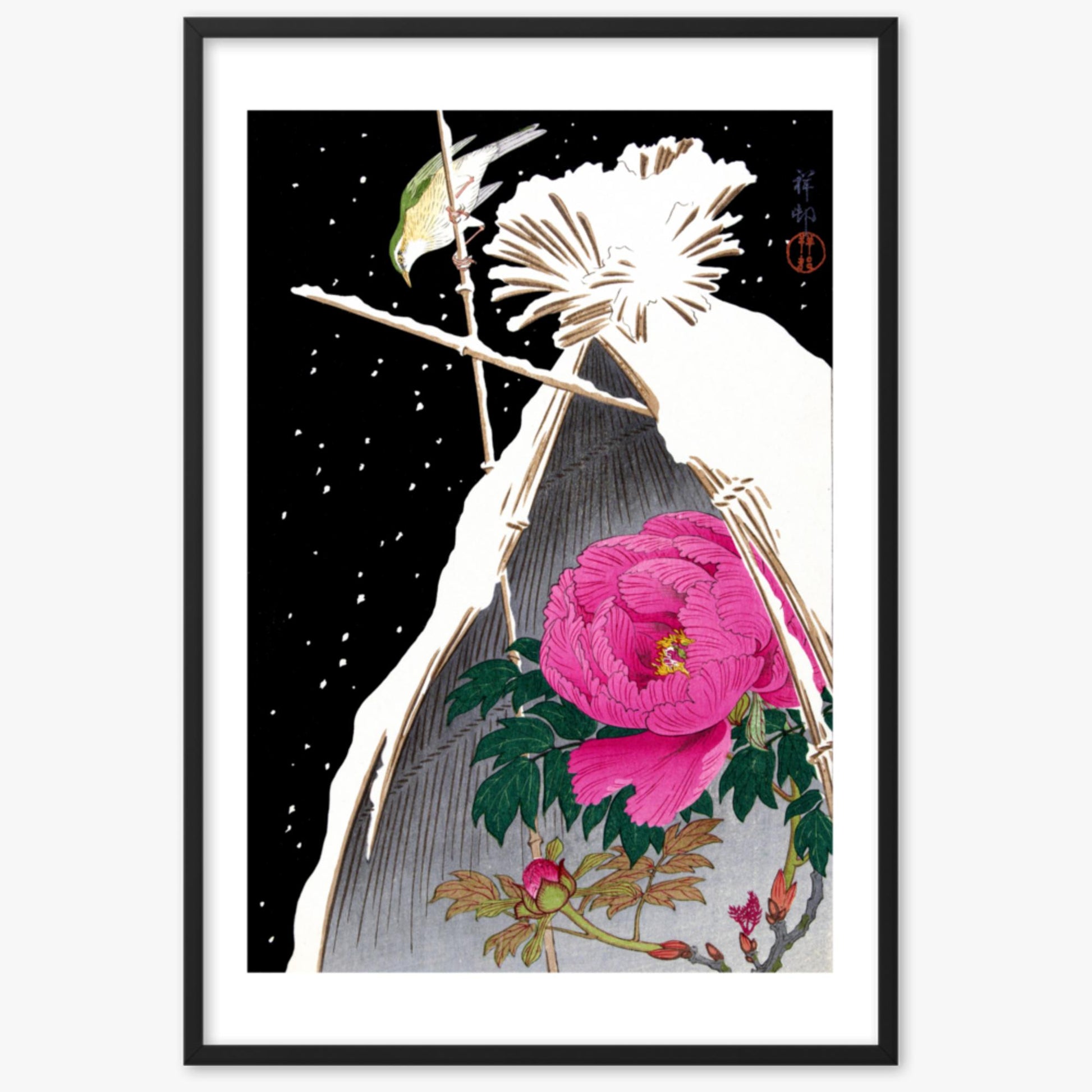 Ohara Koson - Siberian Bluechat Next to a Peony 61x91 cm Poster With Black Frame