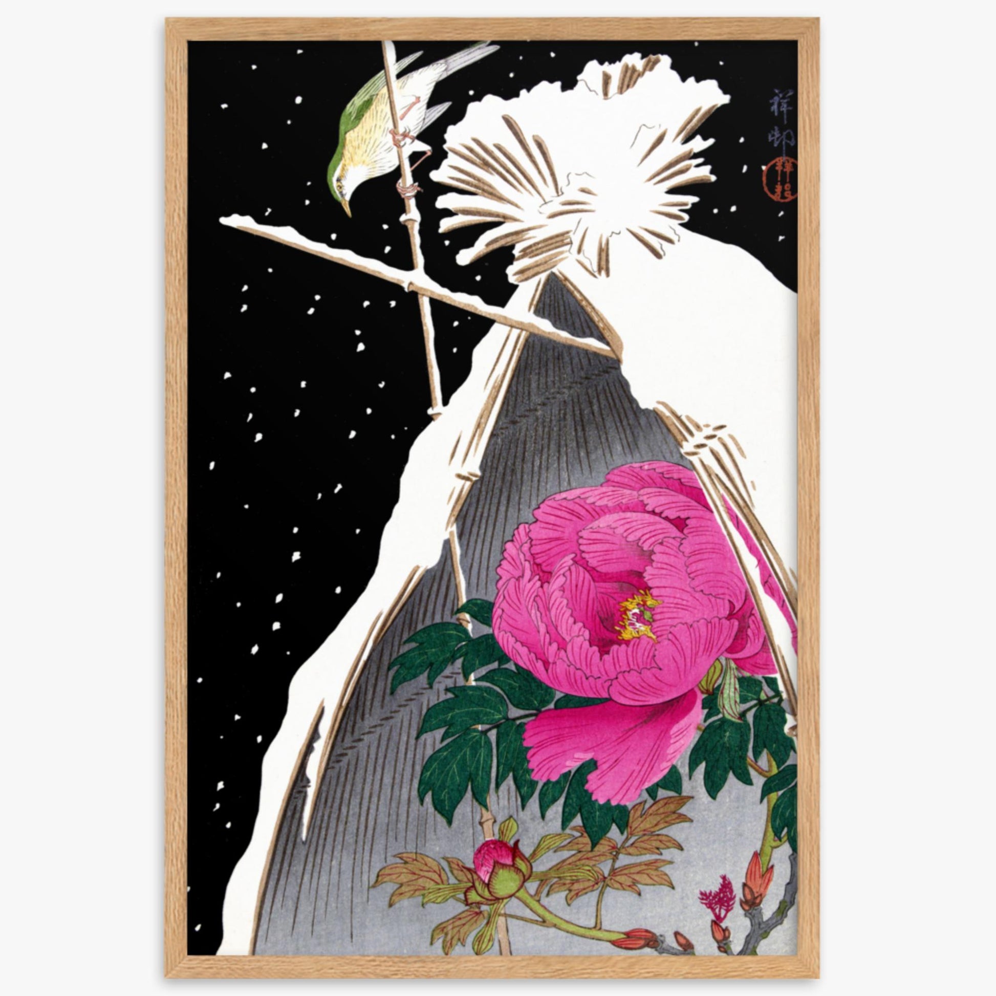 Ohara Koson - Siberian Bluechat Next to a Peony 61x91 cm Poster With Oak Frame