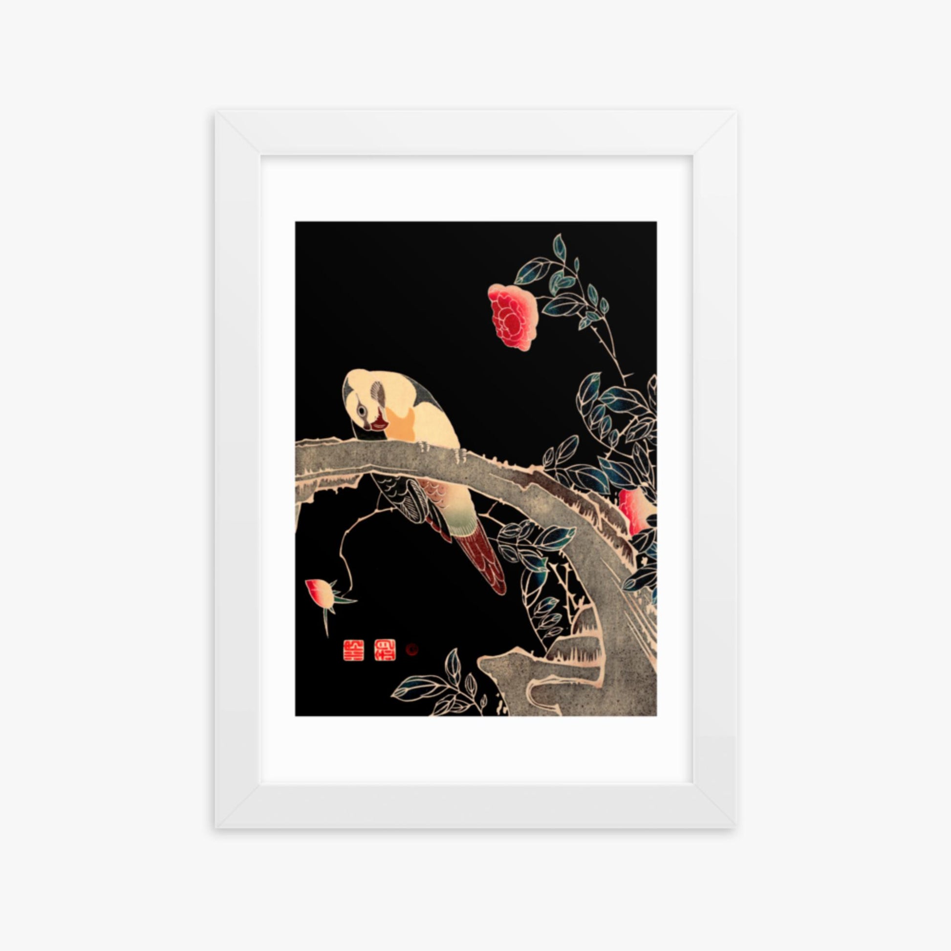 Ito Jakuchu - Parrot on the Branch of a Flowering Rose Bush 21x30 cm Poster With White Frame