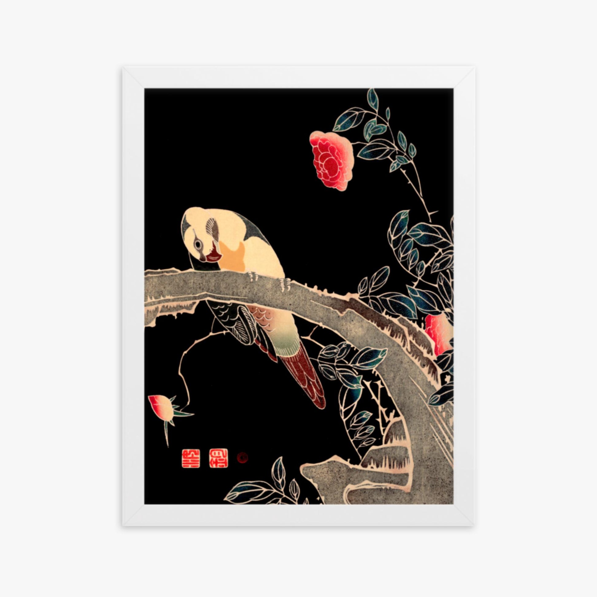 Ito Jakuchu - Parrot on the Branch of a Flowering Rose Bush 30x40 cm Poster With White Frame