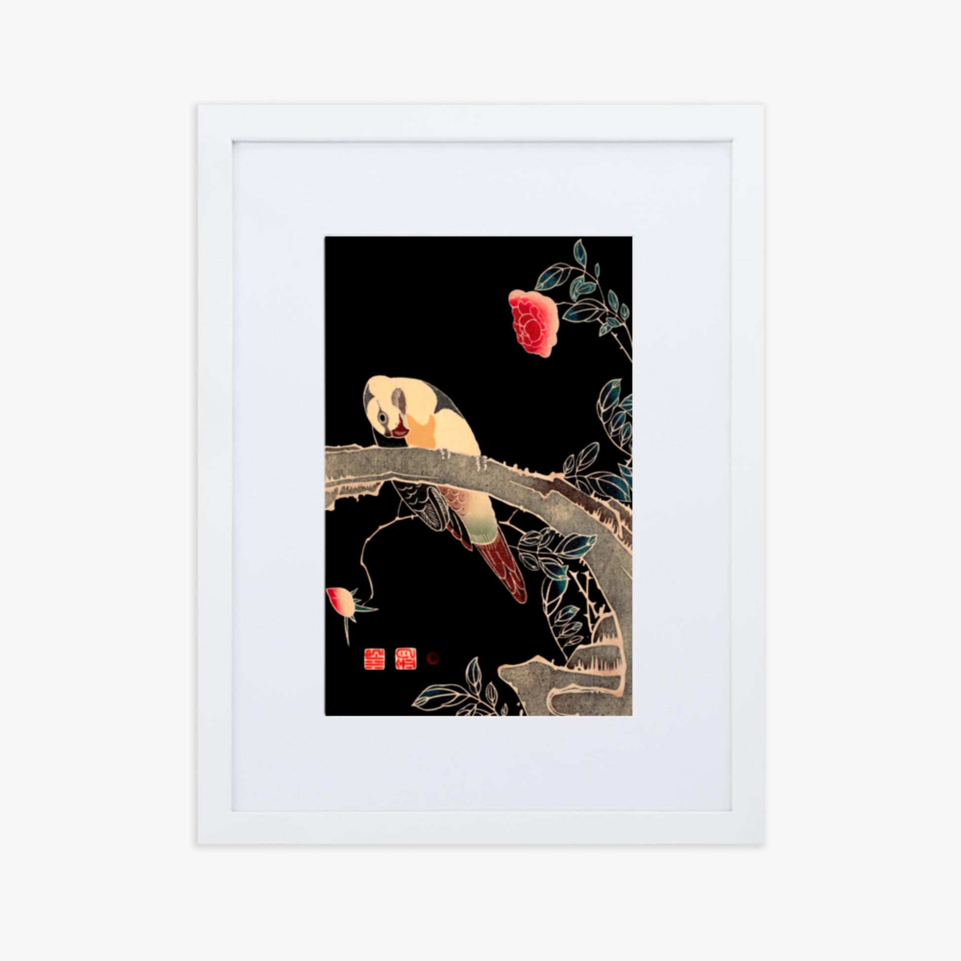 Ito Jakuchu - Parrot on the Branch of a Flowering Rose Bush 30x40 cm Poster With White Frame