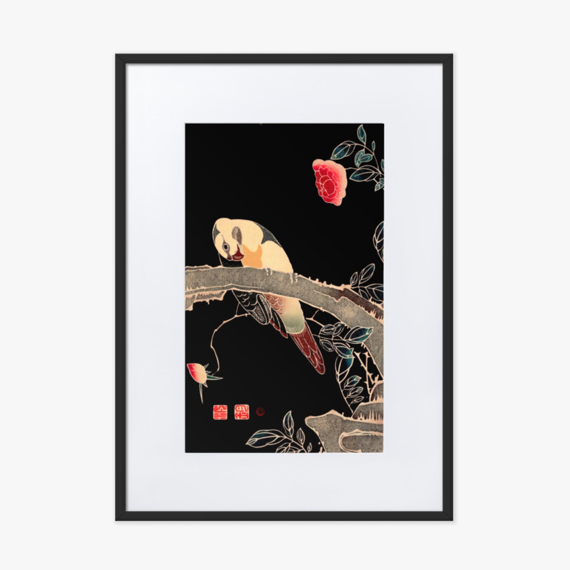 Ito Jakuchu - Parrot on the Branch of a Flowering Rose Bush 50x70 cm Poster With Black Frame