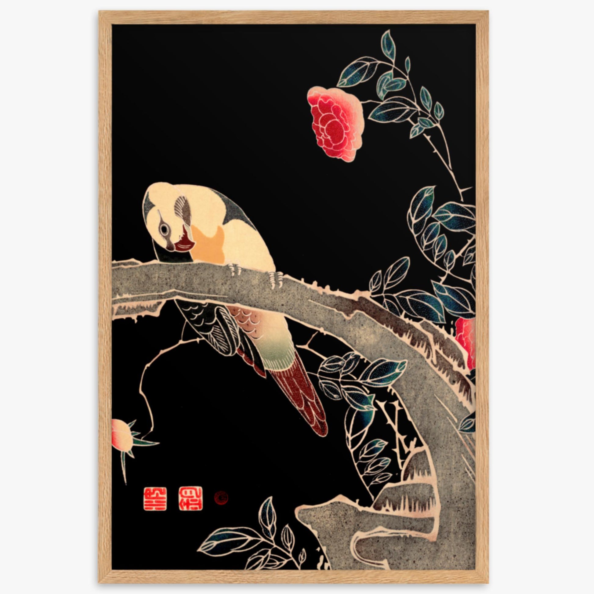 Ito Jakuchu - Parrot on the Branch of a Flowering Rose Bush 61x91 cm Poster With Oak Frame